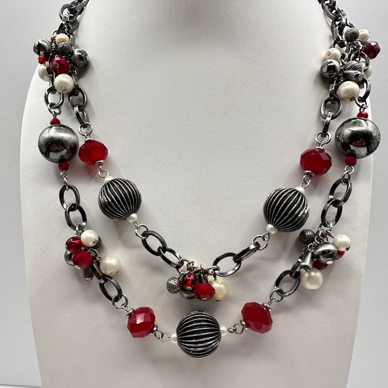 Vintage 90s Multi Stand Chunky Necklace Red Crystal White Pearl Silver Tone - Thumbnail 6