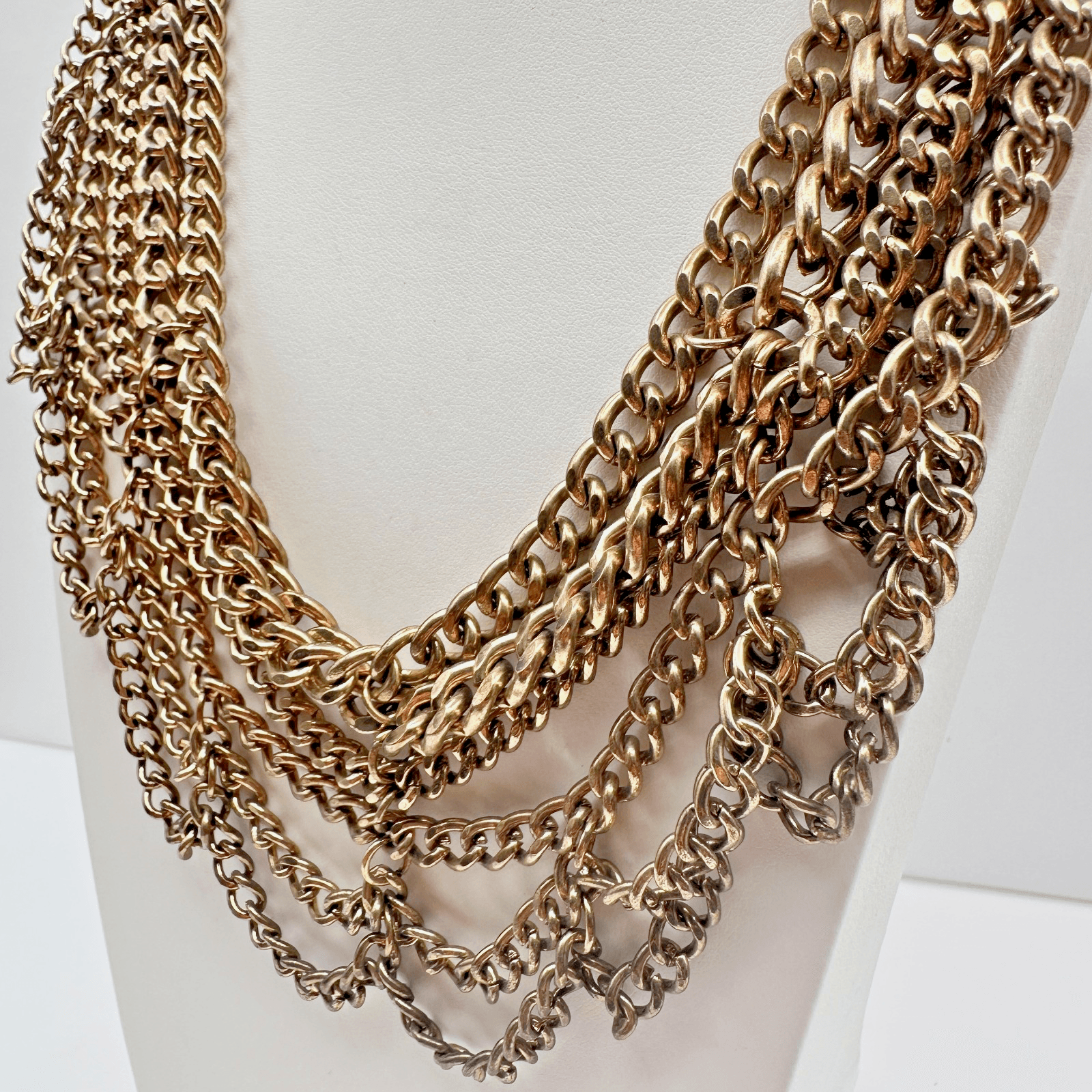 Vintage 80s 90s Chunky Multi Strand Curb Chain Bib Necklace Gold Tone Statement - Thumbnail 6