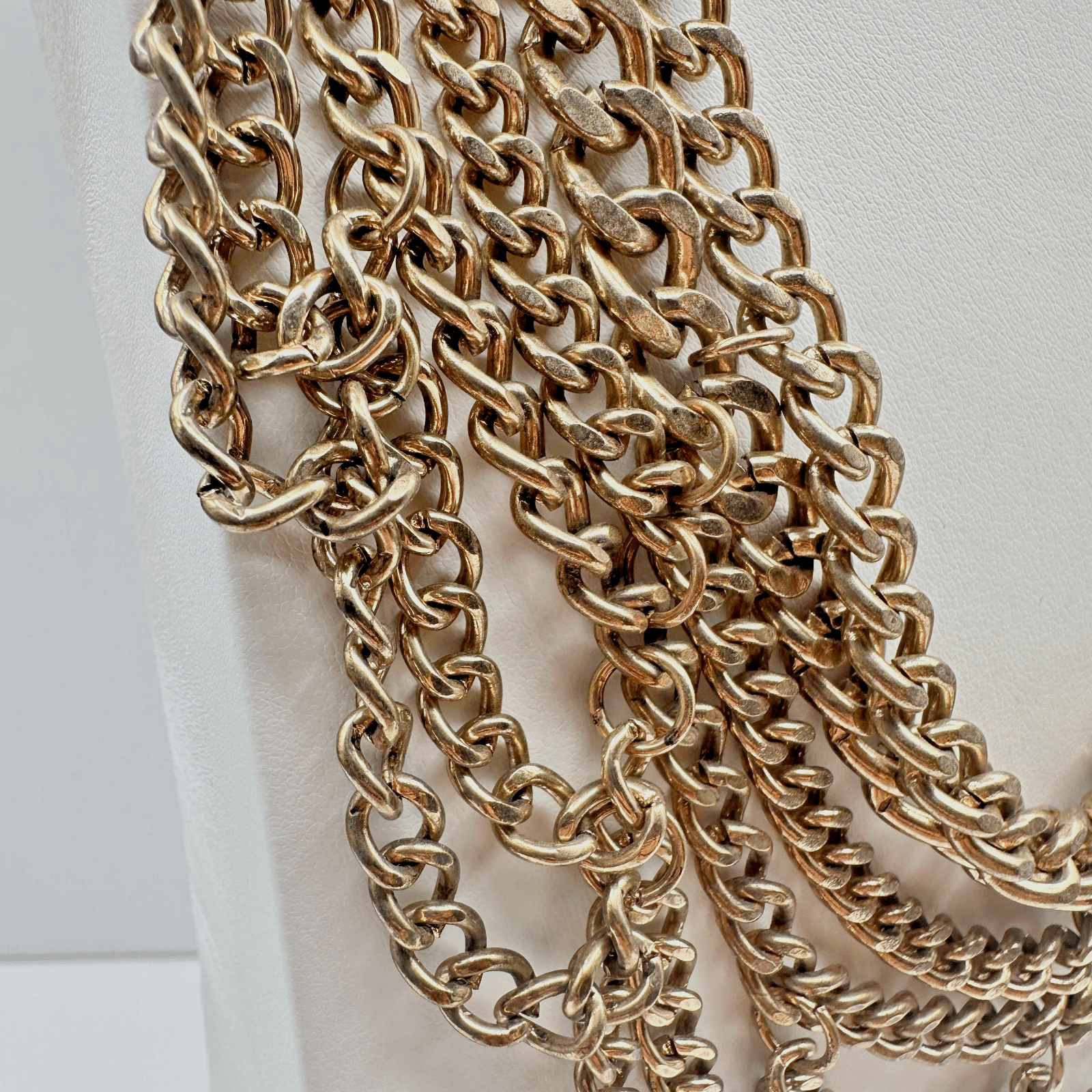 Vintage 80s 90s Chunky Multi Strand Curb Chain Bib Necklace Gold Tone Statement - Thumbnail 3
