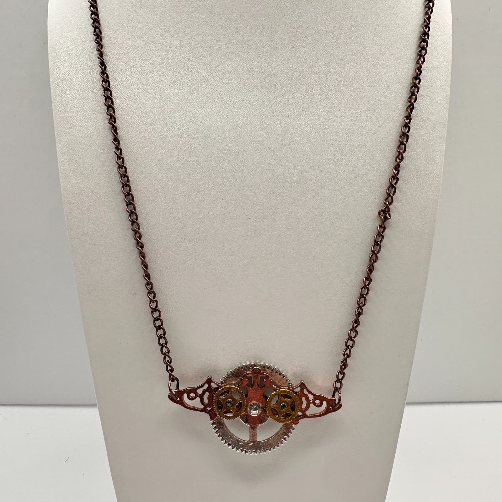 Vintage 80s Industrial Copper Steampunk Statement Necklace Movable Gears Jewelry - Image 1