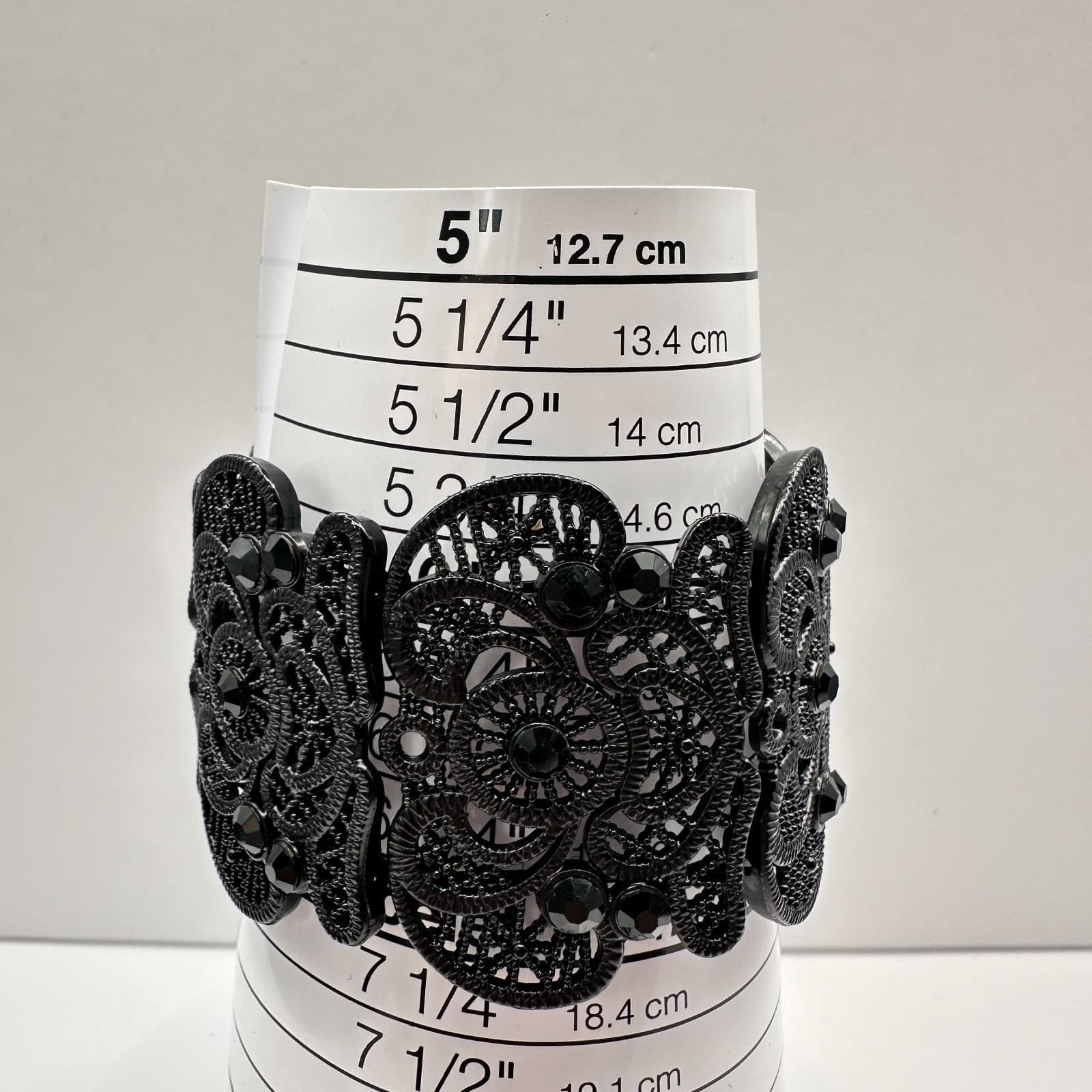 Vintage 90s Black Rhinestone Filigree Stretch Bracelet Wide Lace Gothic Jewelry - Thumbnail 7