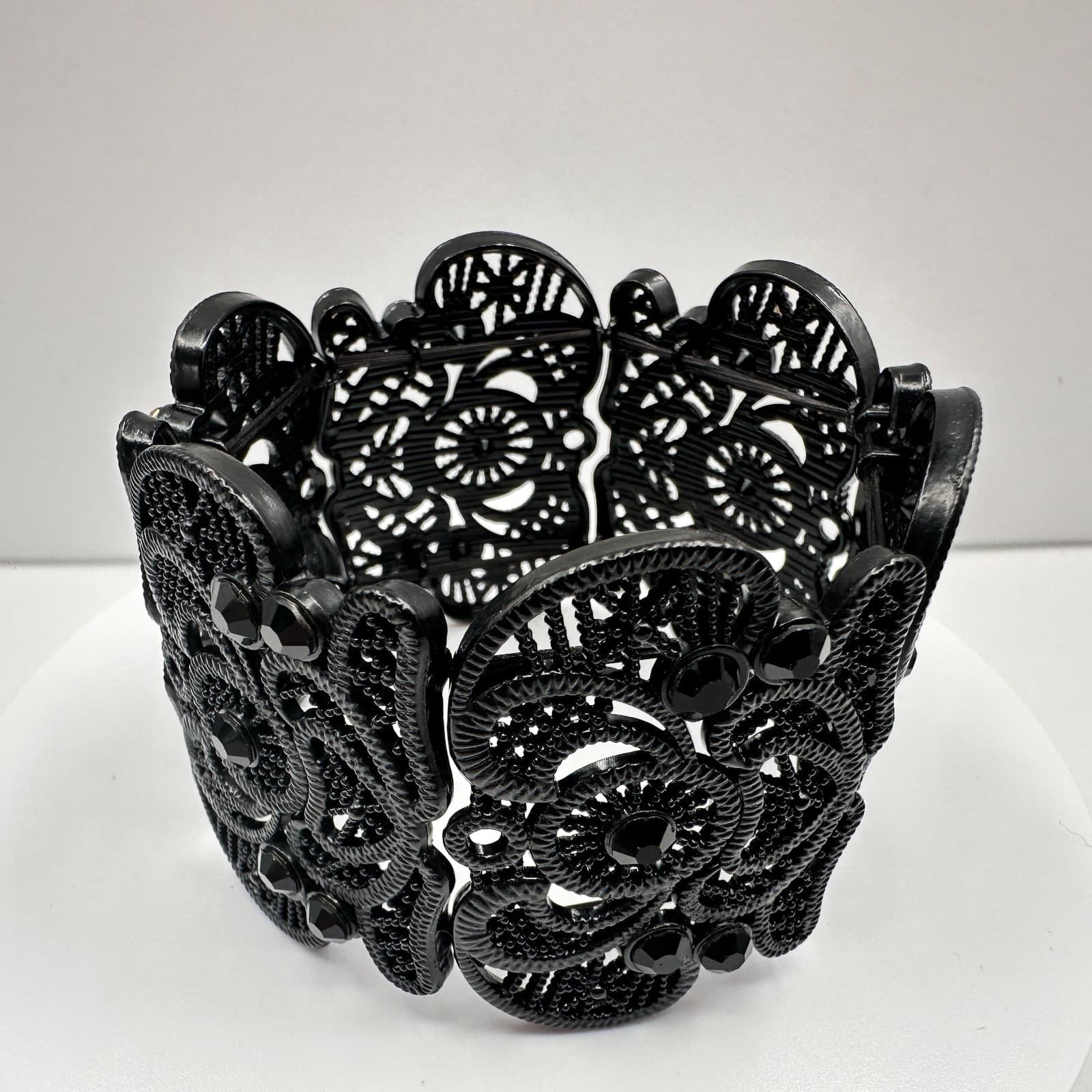 Vintage 90s Black Rhinestone Filigree Stretch Bracelet Wide Lace Gothic Jewelry - Thumbnail 2