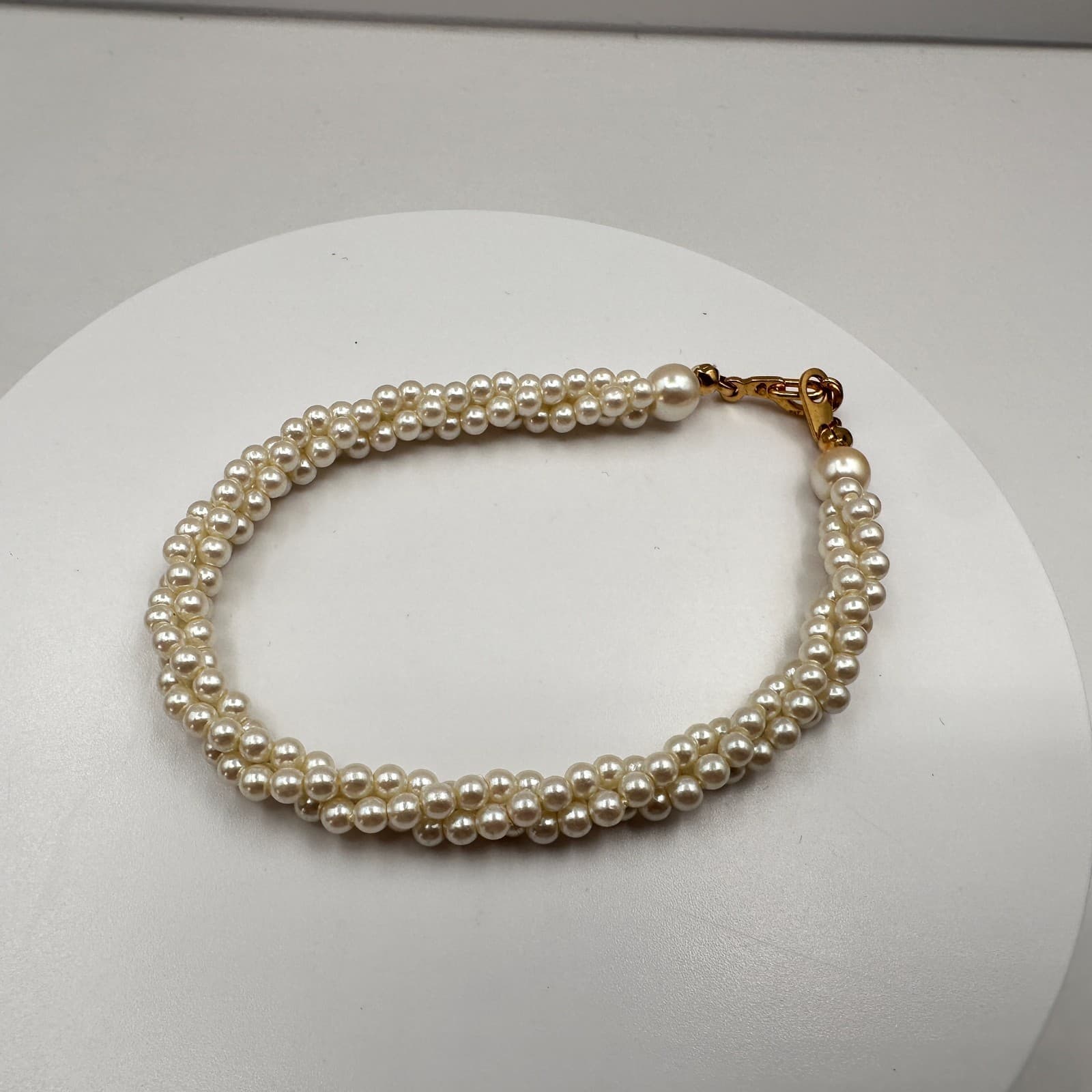 Vintage Y2K Faux Pearl Braided Multi-Strand Bracelet Gold Tone Statement Jewelry - Image 1