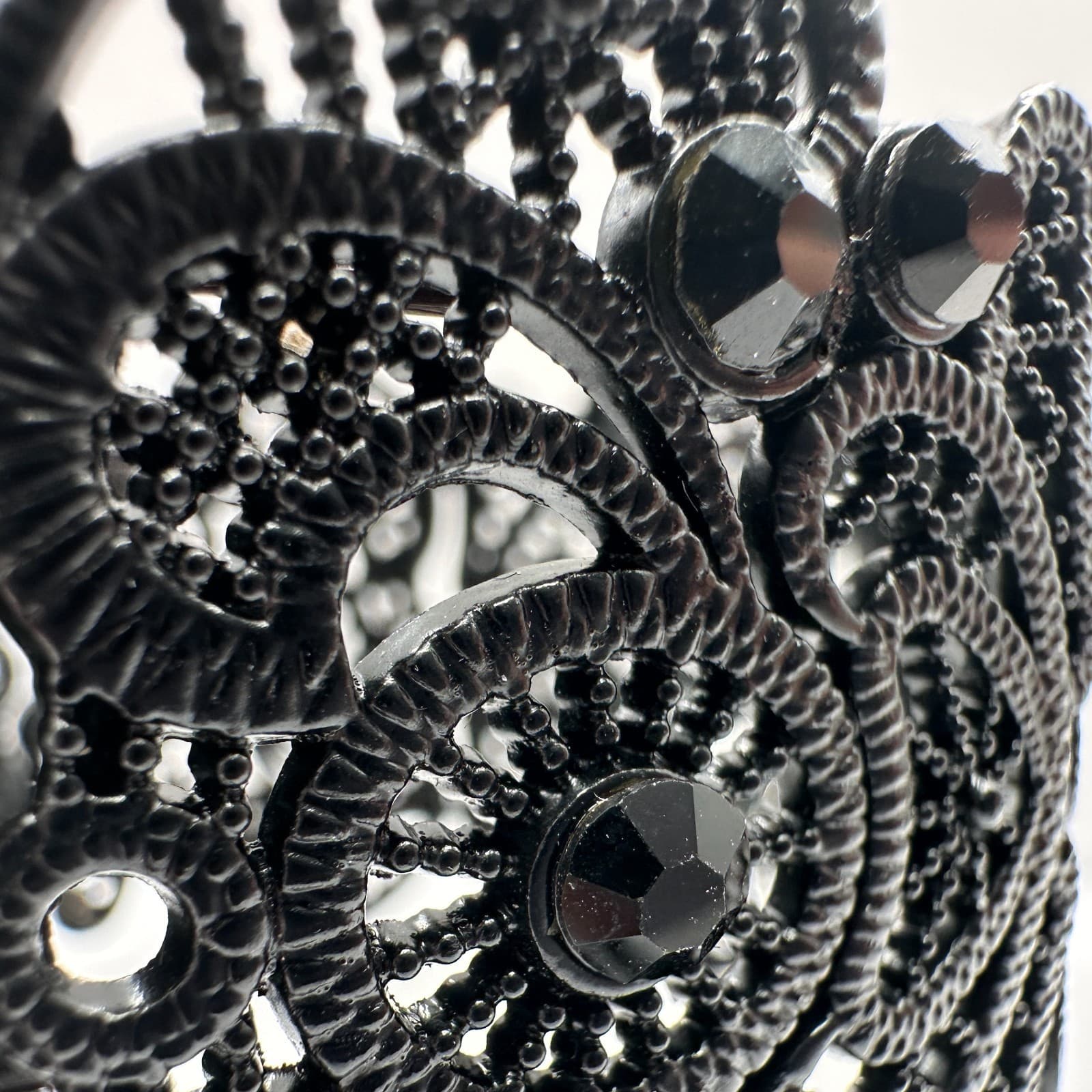 Vintage 90s Black Rhinestone Filigree Stretch Bracelet Wide Lace Gothic Jewelry - Thumbnail 6