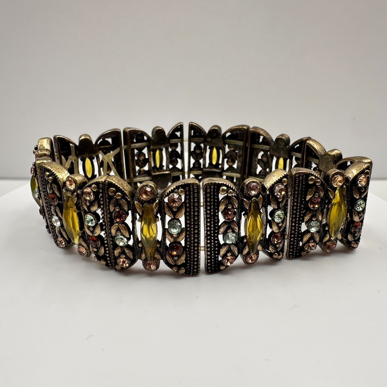 Vintage 90s Bronze Tone Multi Strand Stretch Bracelet Rhinestones Boho Jeweley - Image 1