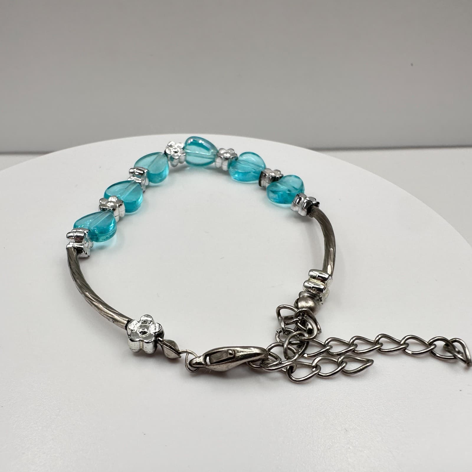 Vintage Y2K Aqua Blue Glass Heart Beaded Bracelet Flower Silver Tone Jewelry - Thumbnail 6