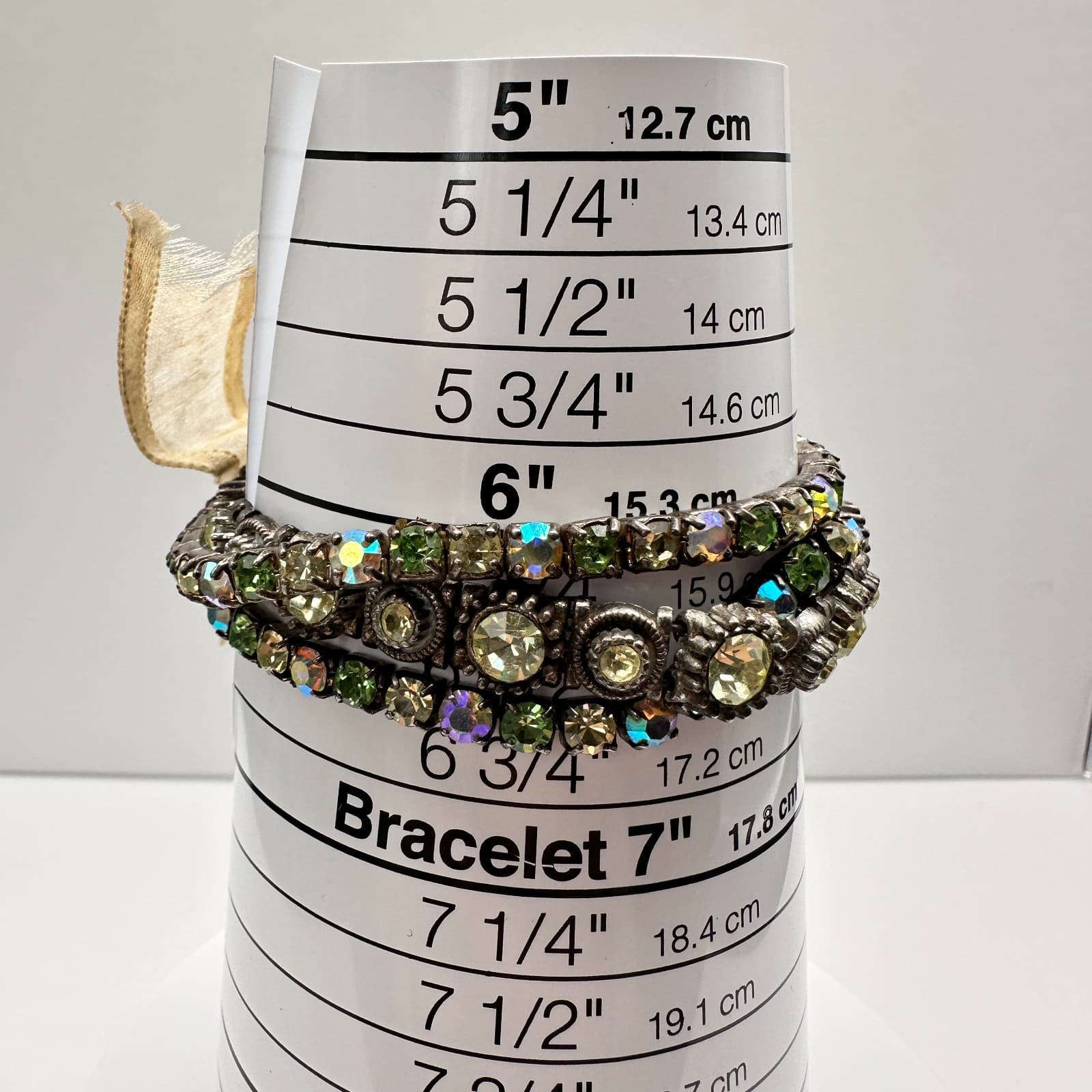 Vintage 90s Green Aurora Borealis Rhinestone Stretch Bracelet Set Silver Tone - Thumbnail 8