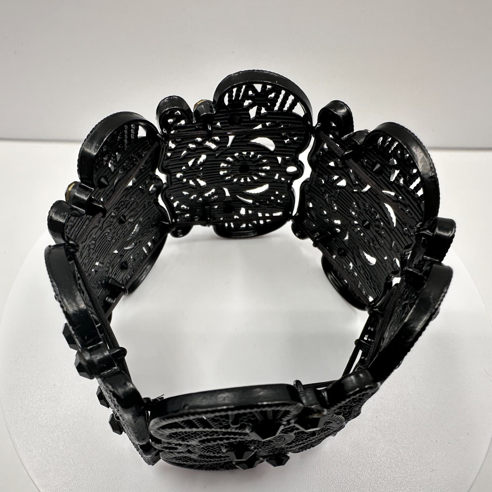 Vintage 90s Black Rhinestone Filigree Stretch Bracelet Wide Lace Gothic Jewelry - Thumbnail 5