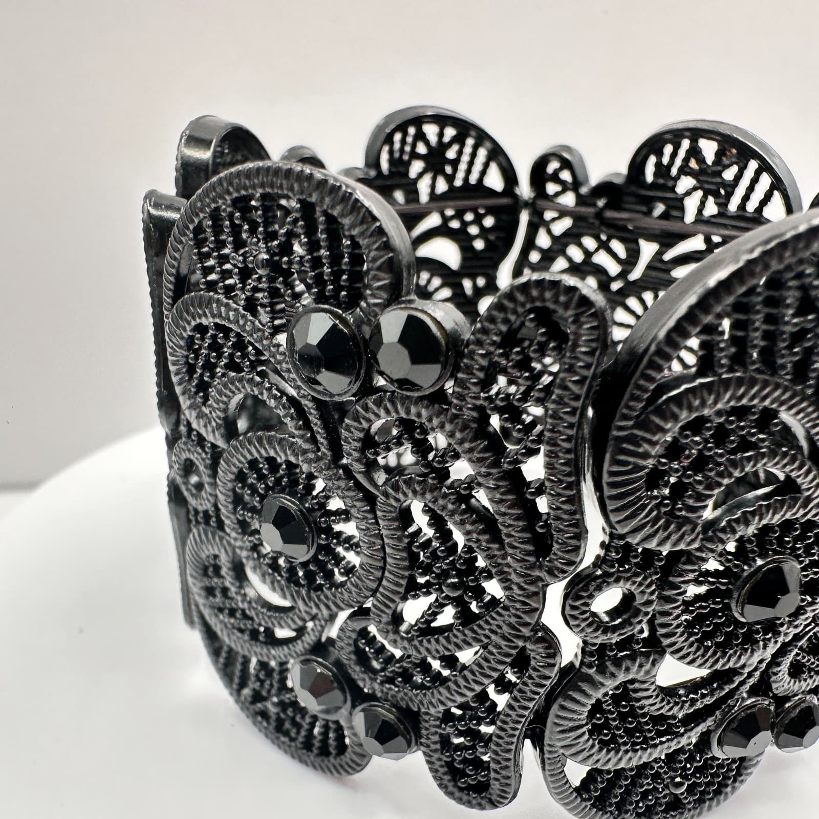 Vintage 90s Black Rhinestone Filigree Stretch Bracelet Wide Lace Gothic Jewelry - Thumbnail 3