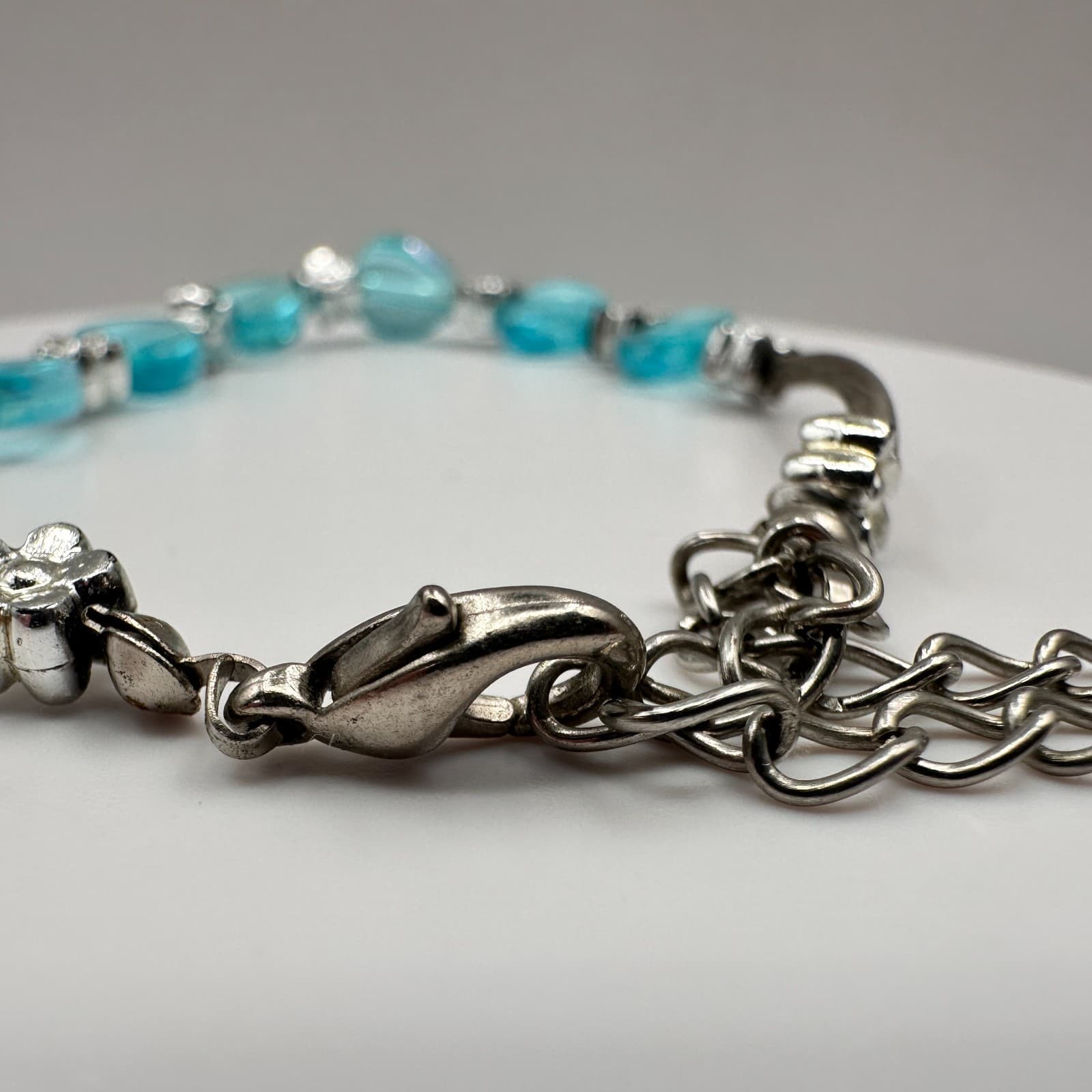 Vintage Y2K Aqua Blue Glass Heart Beaded Bracelet Flower Silver Tone Jewelry - Thumbnail 5