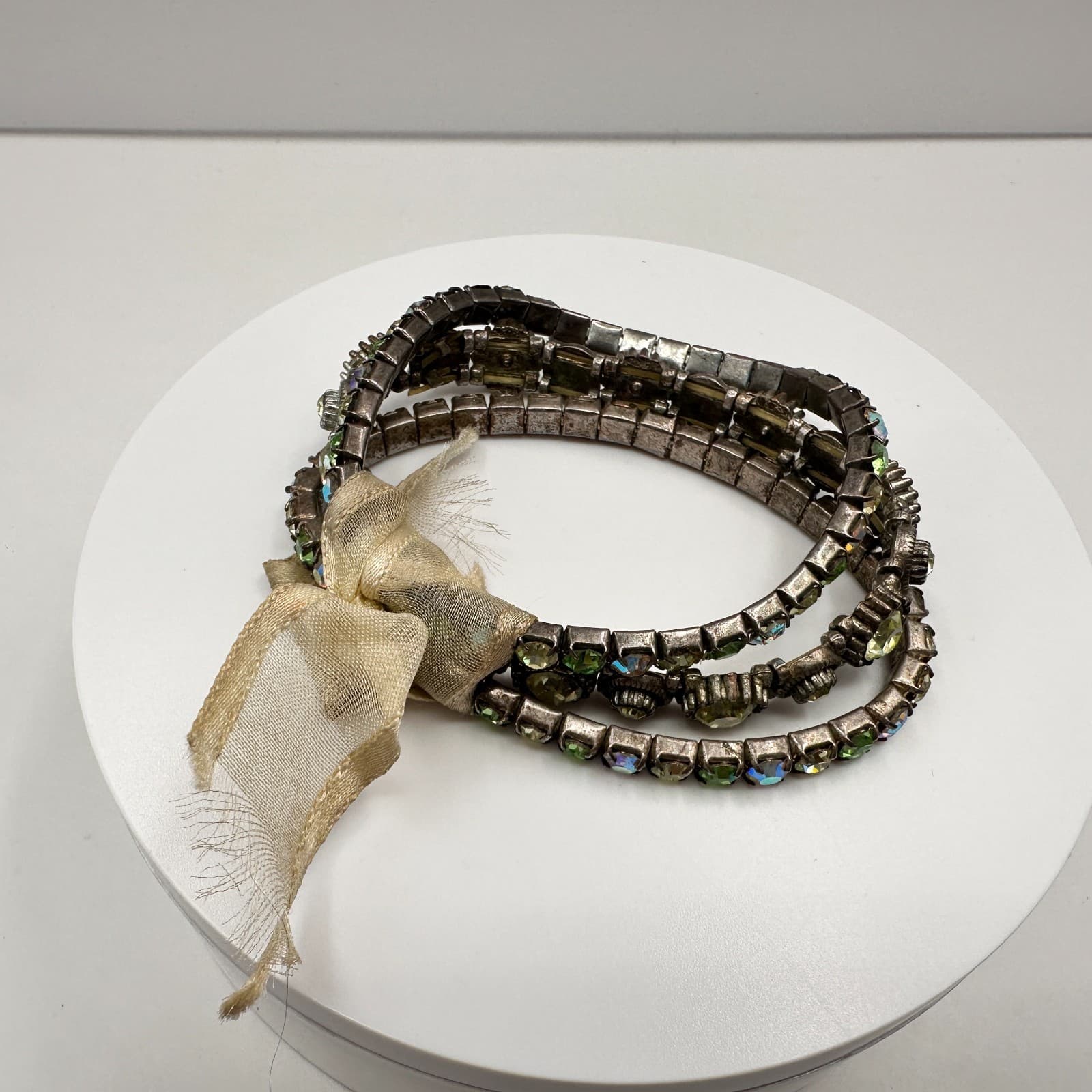 Vintage 90s Green Aurora Borealis Rhinestone Stretch Bracelet Set Silver Tone - Image 1