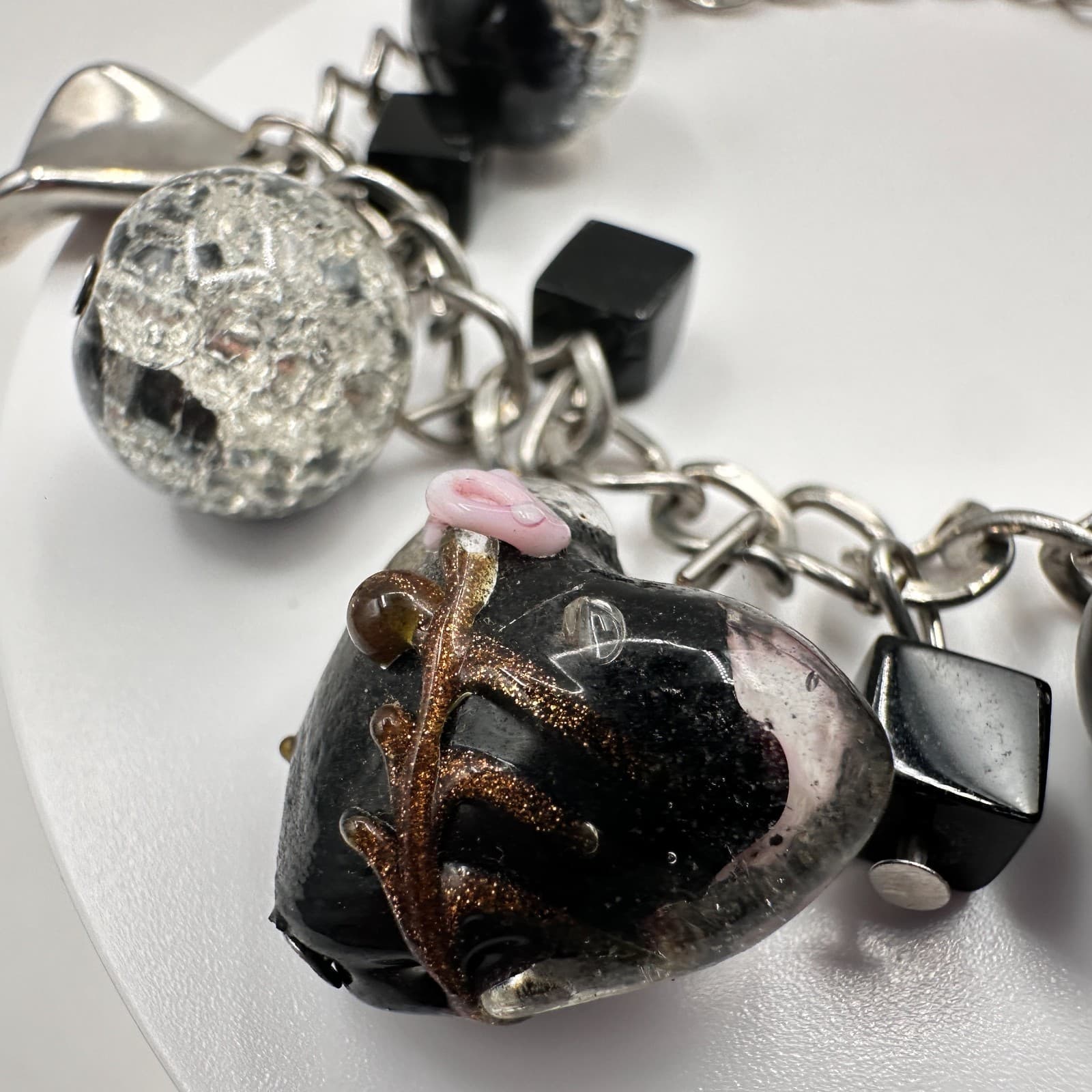 Vintage Y2K Silver Tone Charm Bracelet Black Glass Heart Cracker Beaded Boho - Thumbnail 3