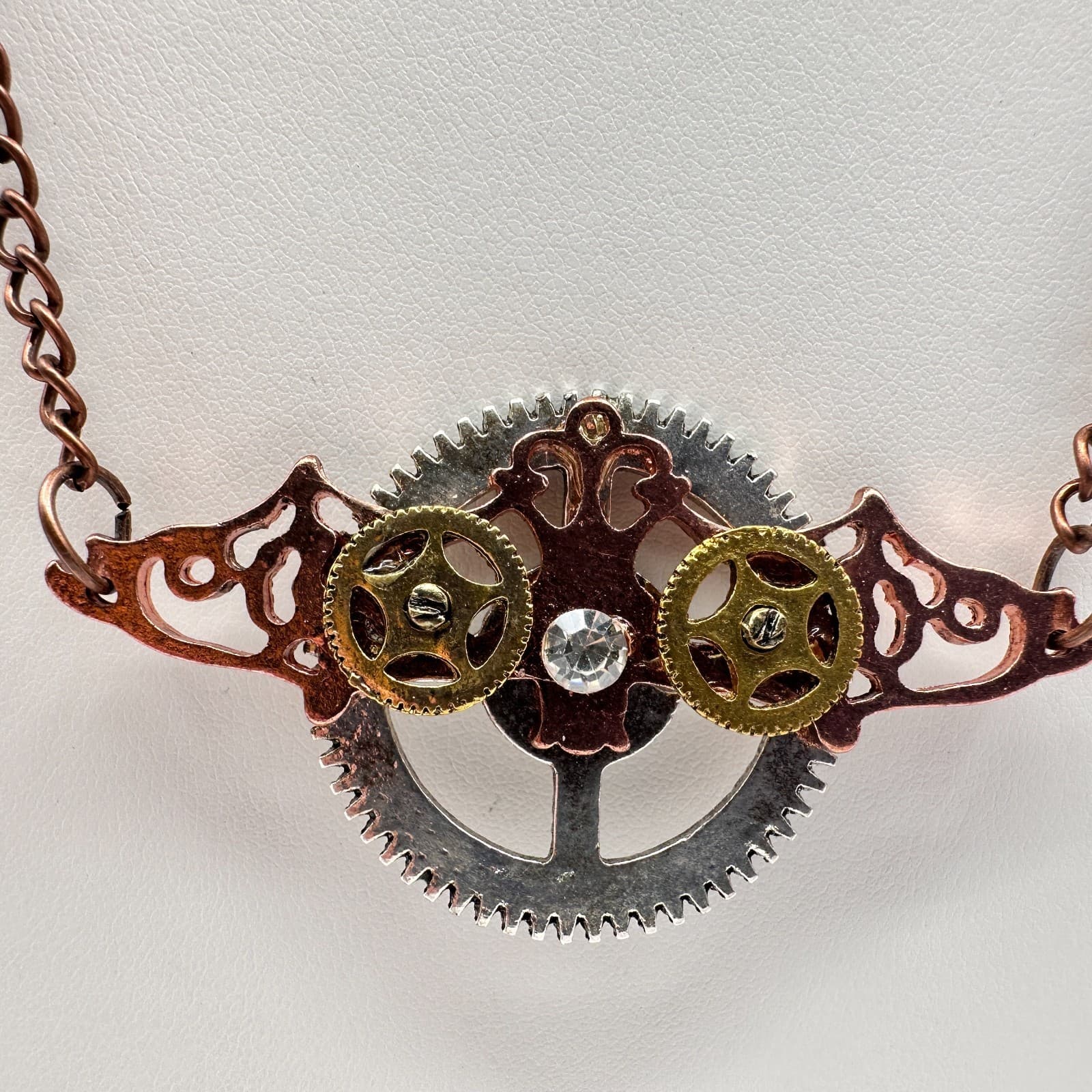 Vintage 80s Industrial Copper Steampunk Statement Necklace Movable Gears Jewelry - Thumbnail 2