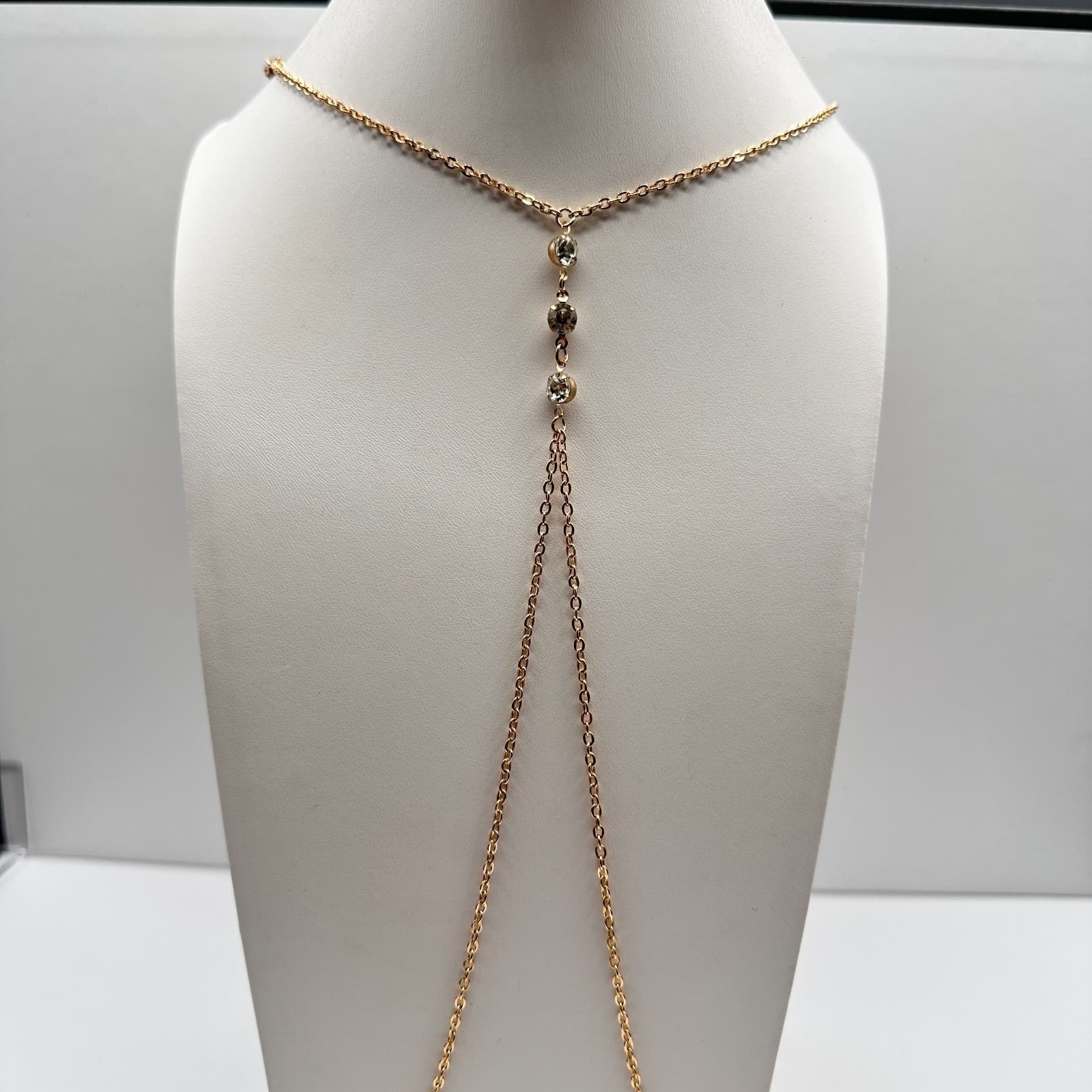 Vintage Y2K Gold Tone Body Chain Necklace Rhinestone Dangle Sexy Beach Jewelry - Image 1