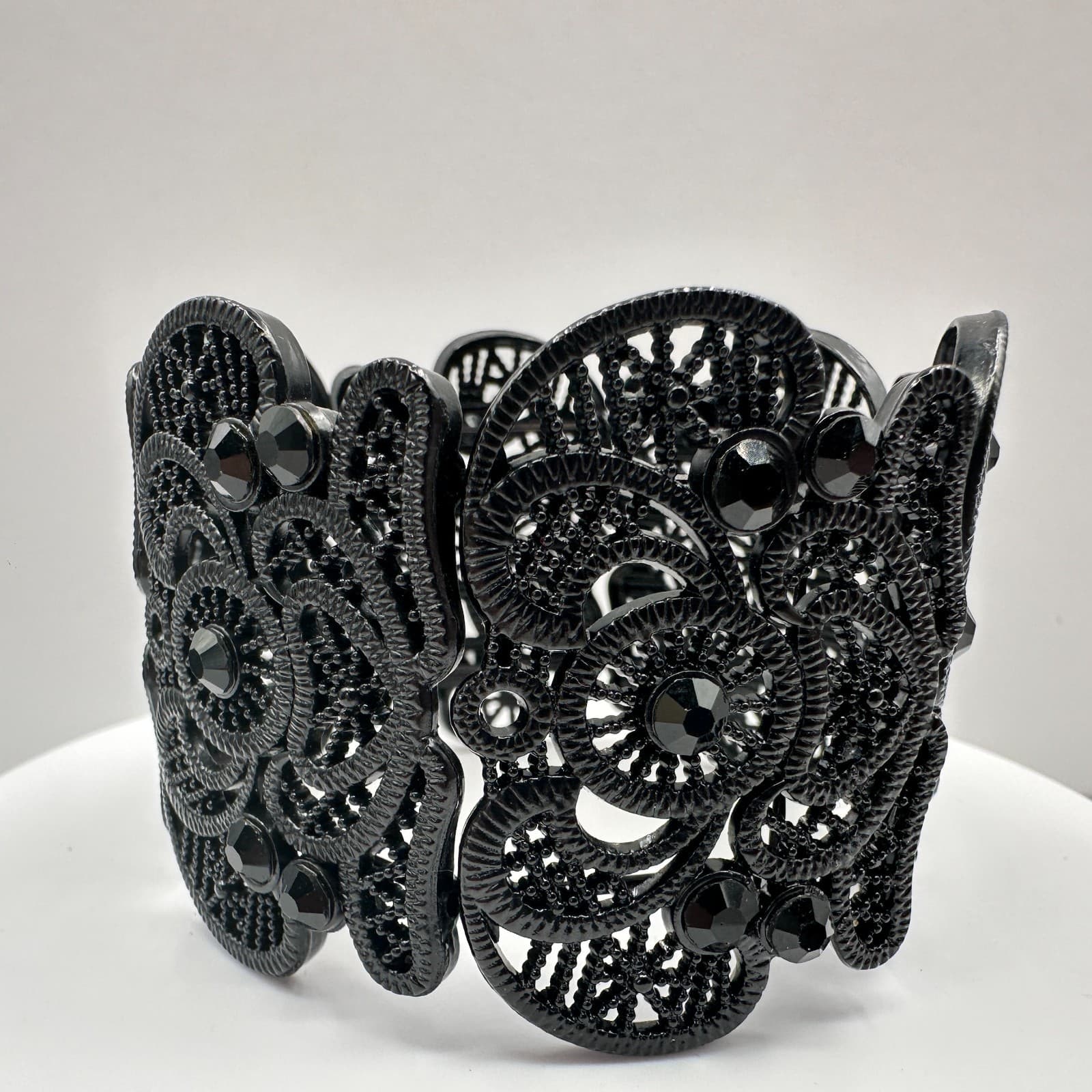 Vintage 90s Black Rhinestone Filigree Stretch Bracelet Wide Lace Gothic Jewelry - Image 1