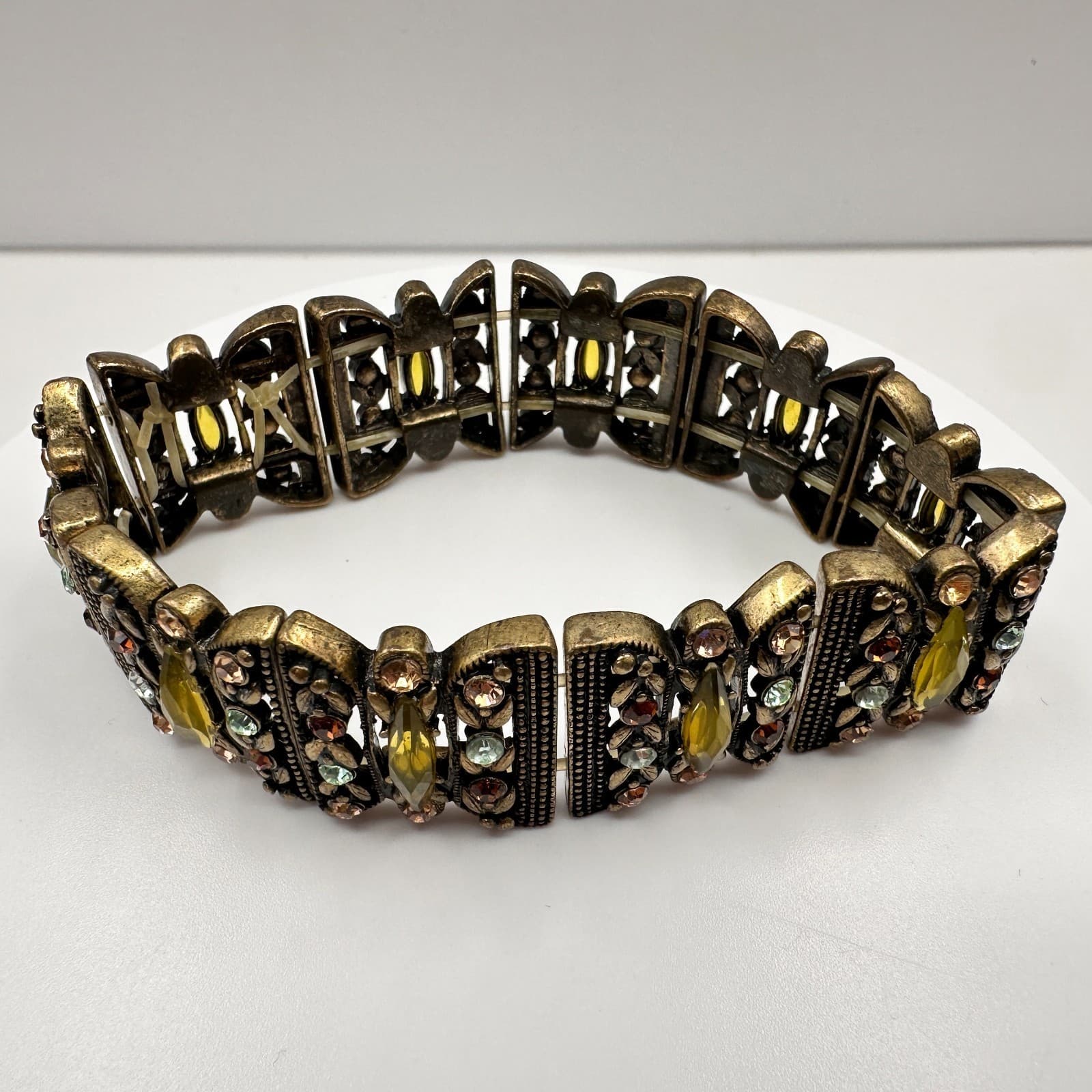 Vintage 90s Bronze Tone Multi Strand Stretch Bracelet Rhinestones Boho Jeweley - Thumbnail 2