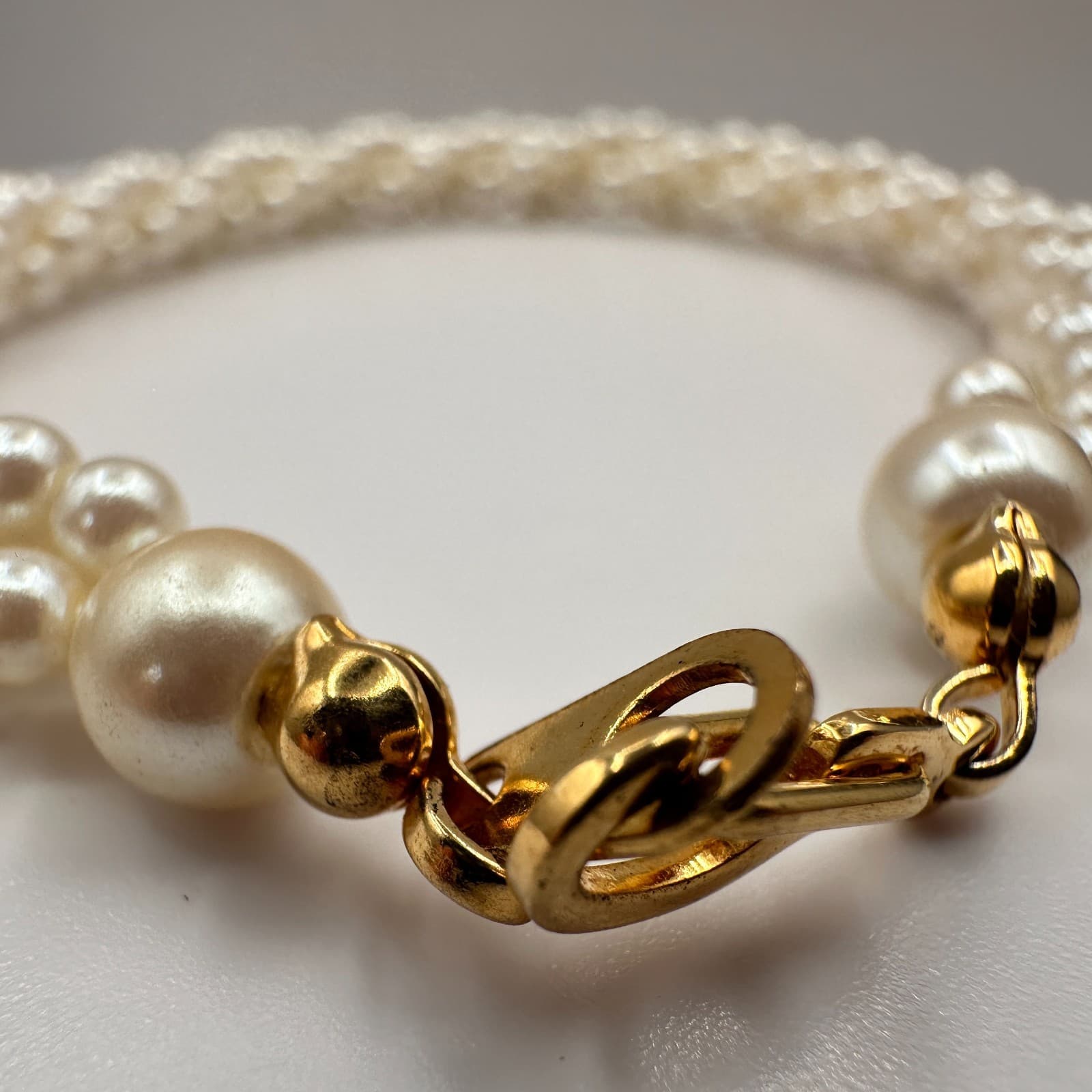Vintage Y2K Faux Pearl Braided Multi-Strand Bracelet Gold Tone Statement Jewelry - Thumbnail 4