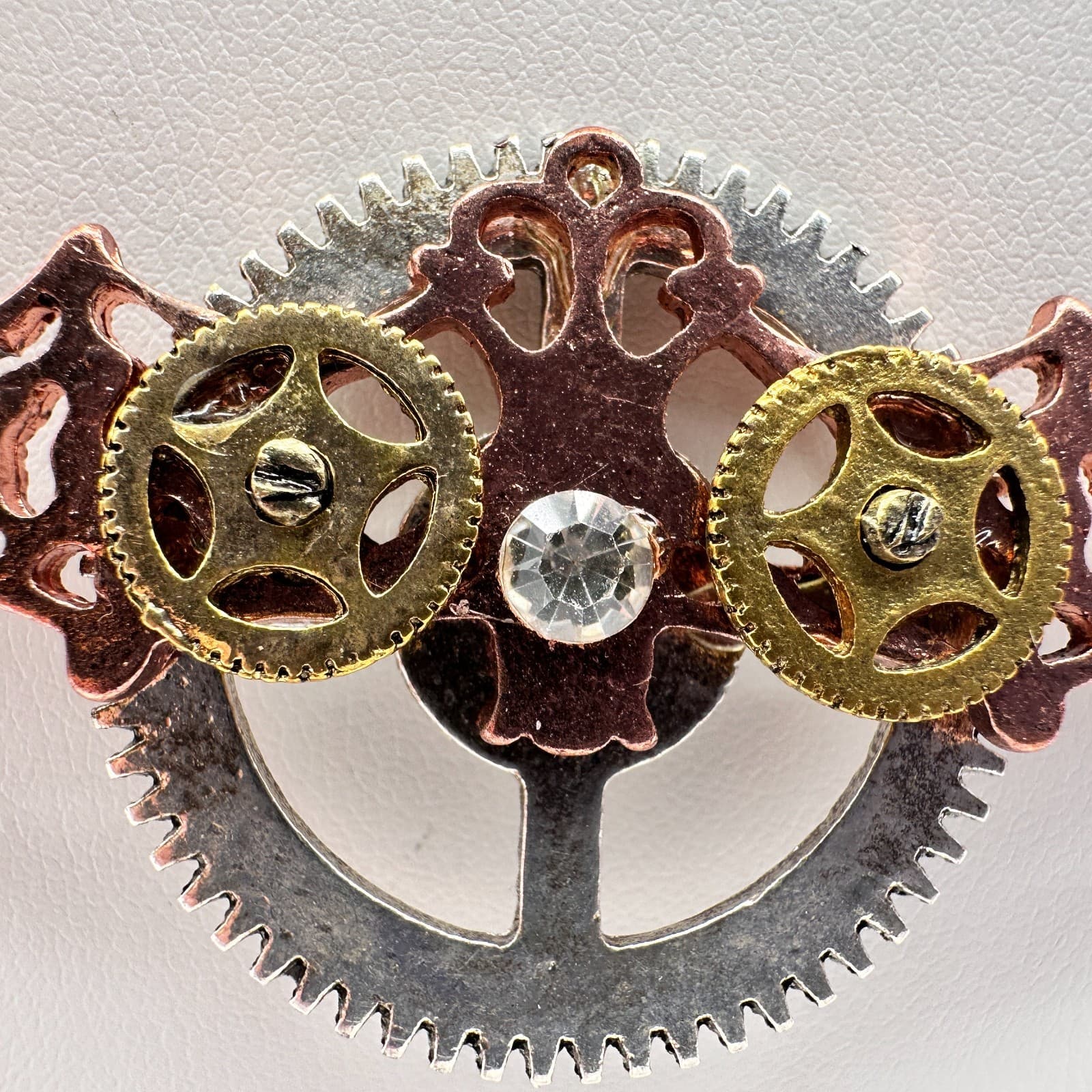 Vintage 80s Industrial Copper Steampunk Statement Necklace Movable Gears Jewelry - Thumbnail 3