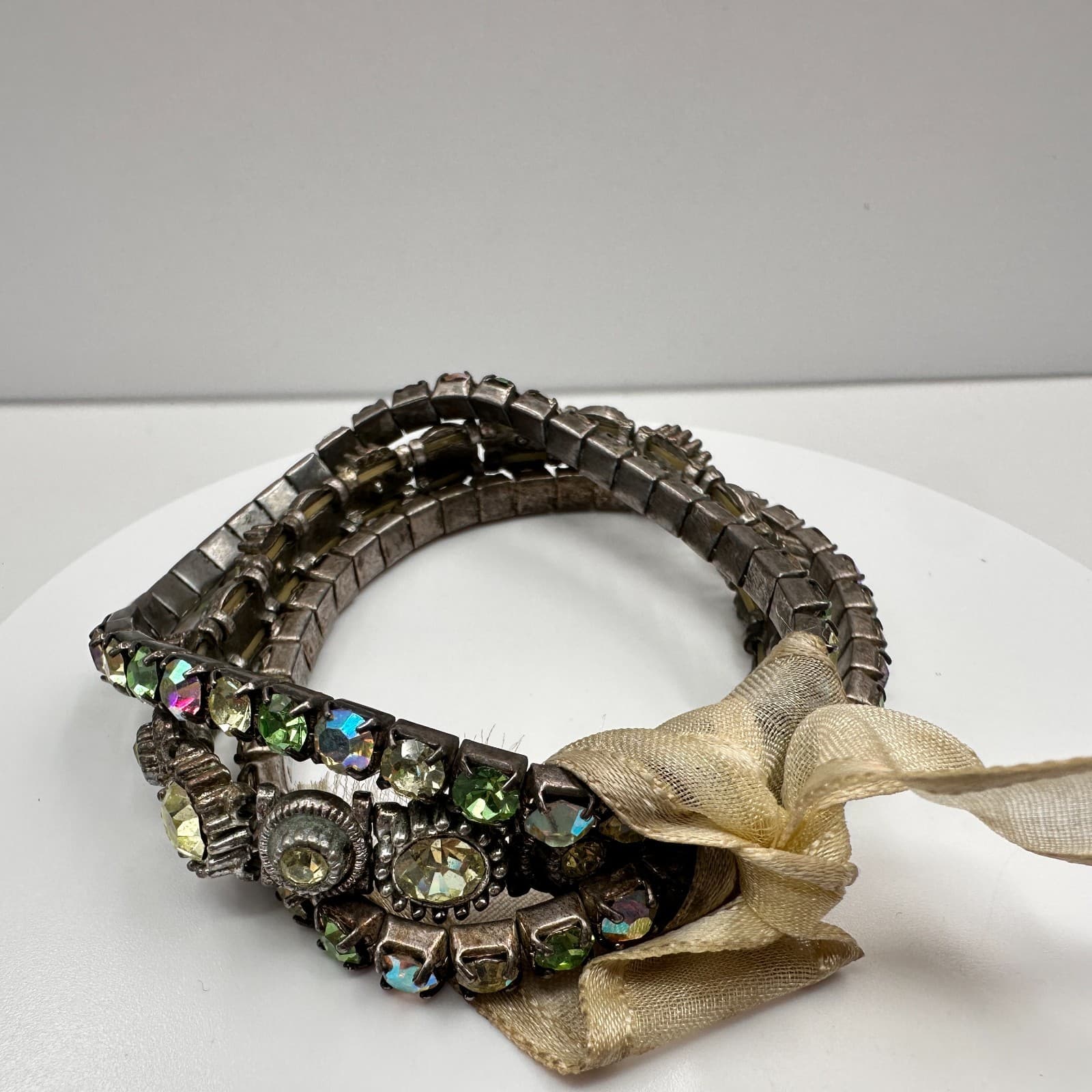 Vintage 90s Green Aurora Borealis Rhinestone Stretch Bracelet Set Silver Tone - Thumbnail 7