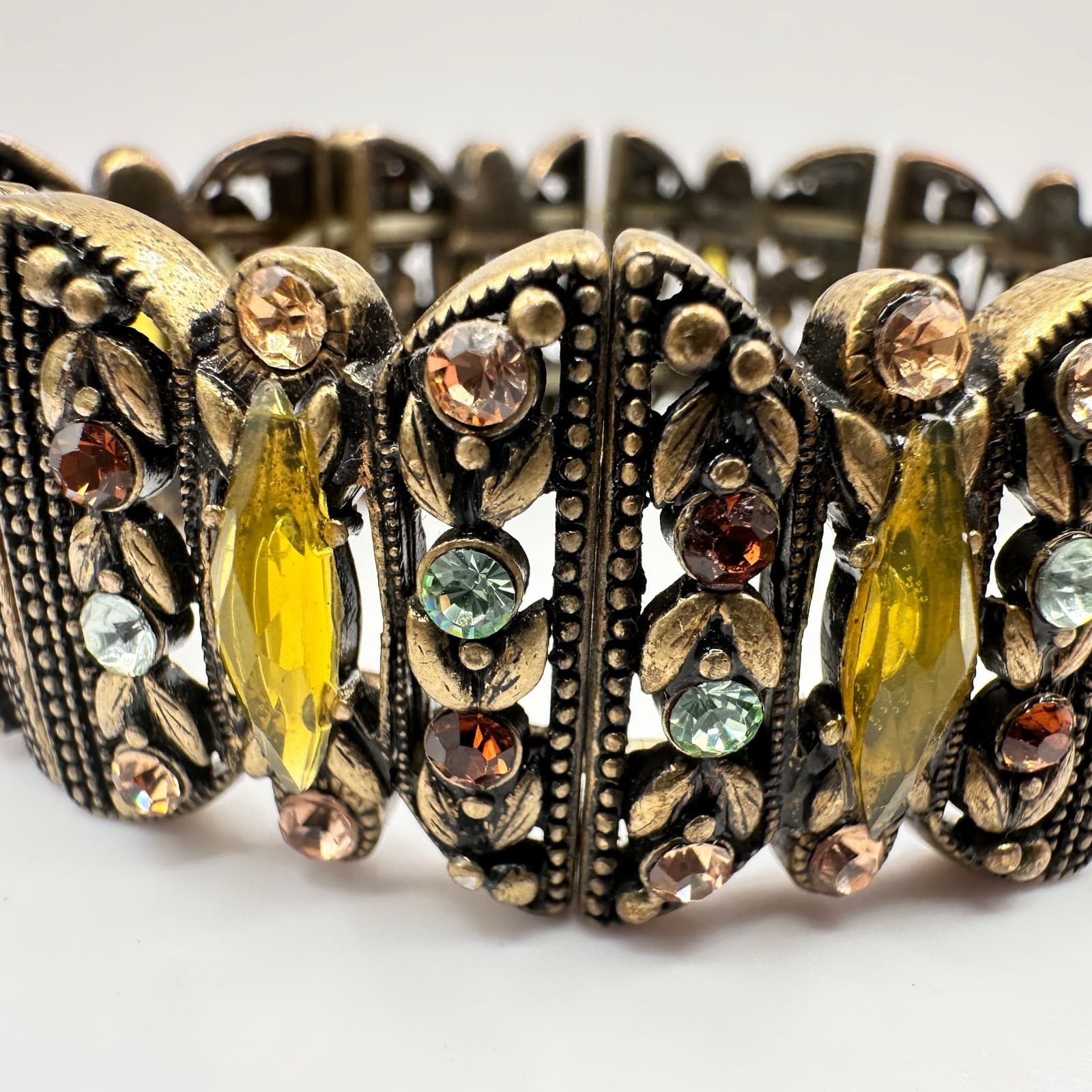 Vintage 90s Bronze Tone Multi Strand Stretch Bracelet Rhinestones Boho Jeweley - Thumbnail 3