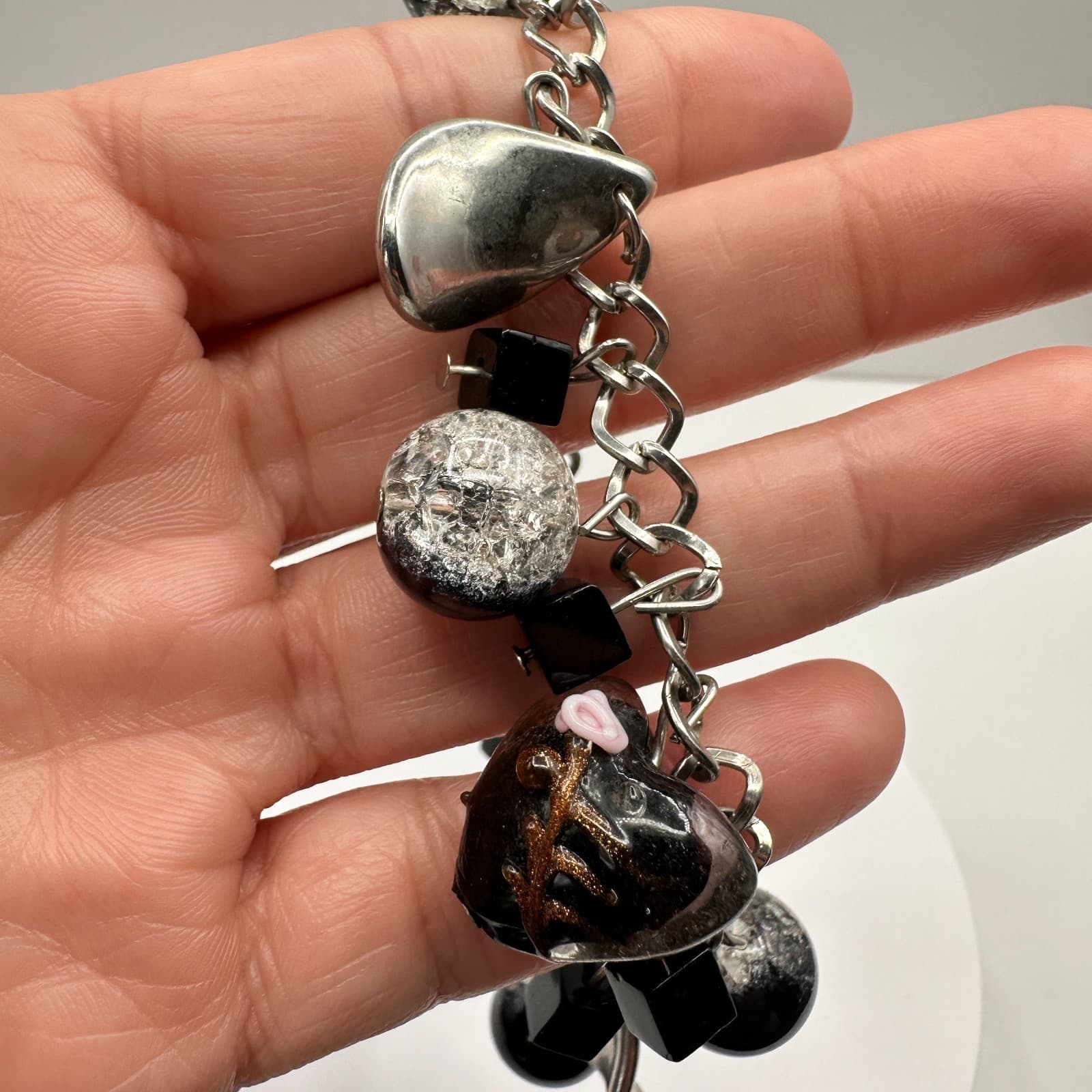Vintage Y2K Silver Tone Charm Bracelet Black Glass Heart Cracker Beaded Boho - Thumbnail 7