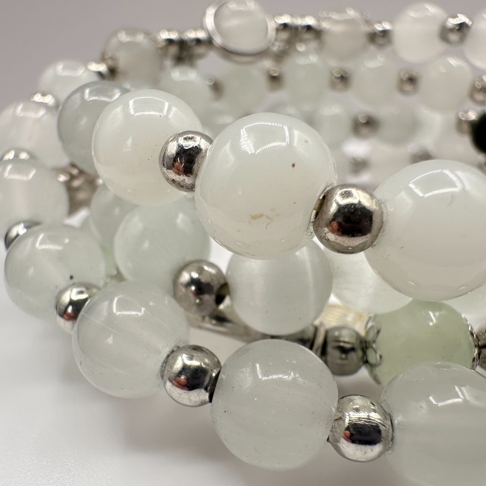 Vintage 90s White Quartz Beaded Wrap Bracelet Silver Tone Boho Statement Jewelry - Thumbnail 3