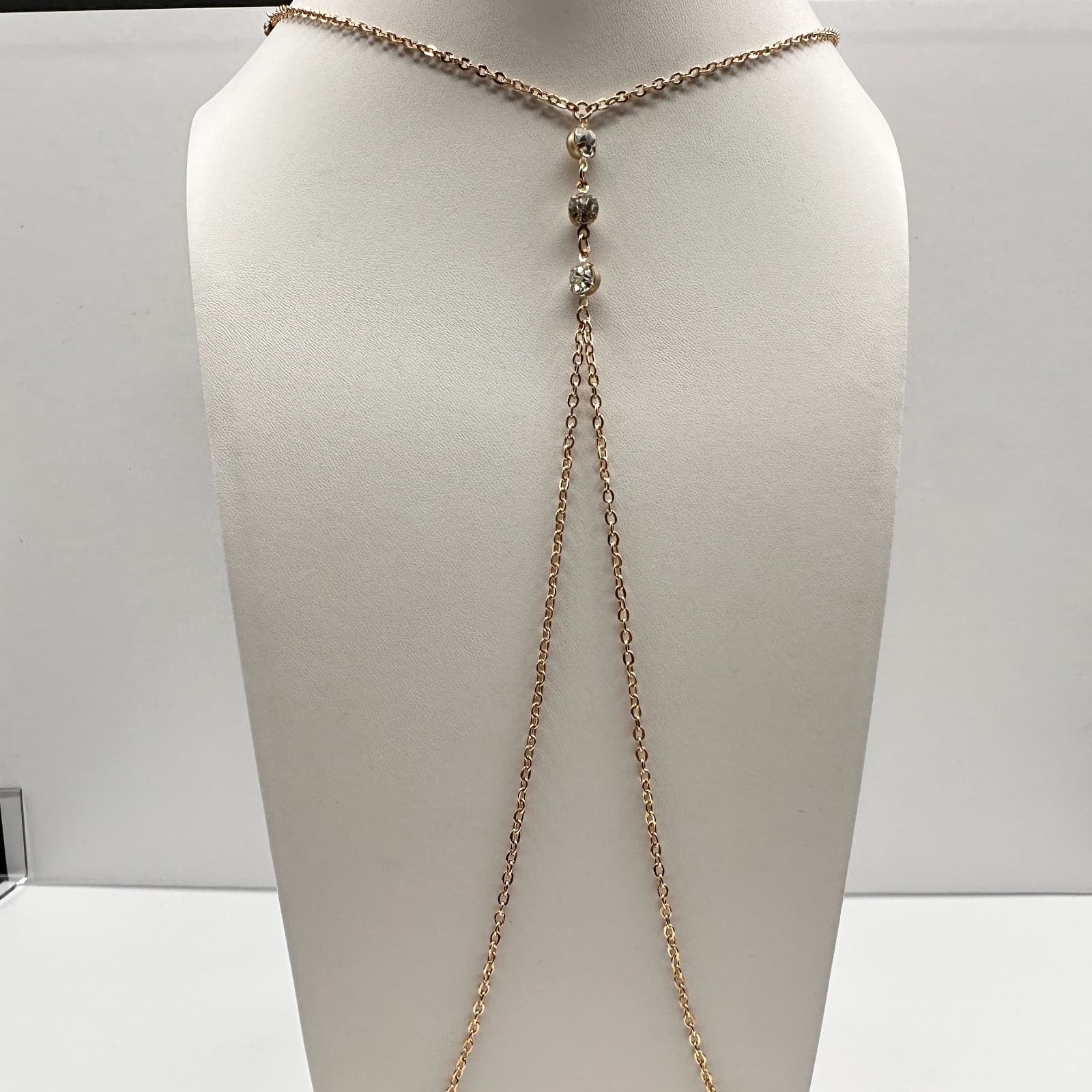 Vintage Y2K Gold Tone Body Chain Necklace Rhinestone Dangle Sexy Beach Jewelry - Thumbnail 4