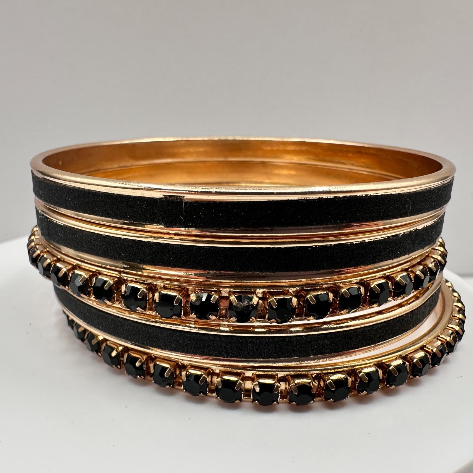 Vintage 90s Gold Tone Bracelet Set Black Velvet Rhinestone Women's Jewelry - Image 1