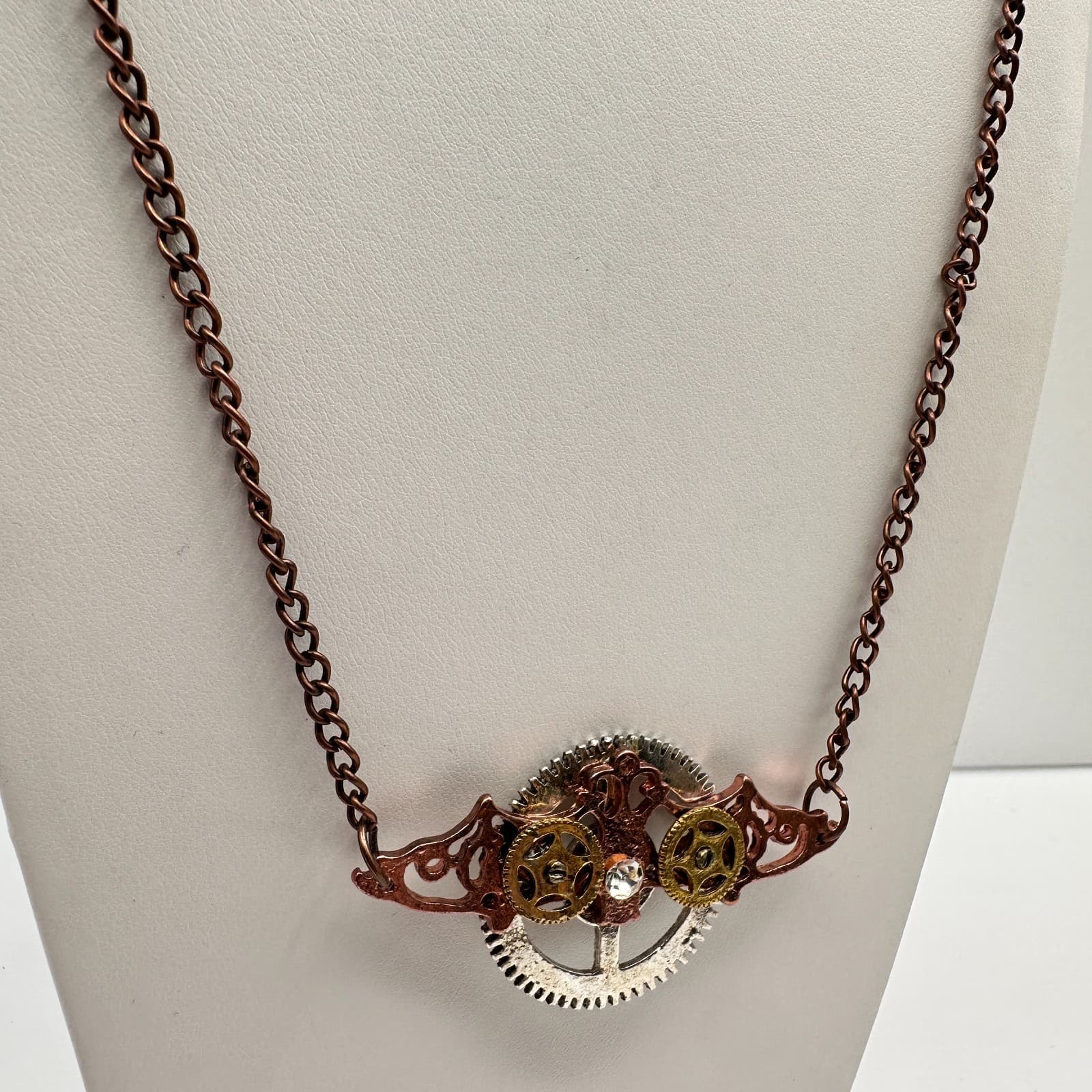 Vintage 80s Industrial Copper Steampunk Statement Necklace Movable Gears Jewelry - Thumbnail 4