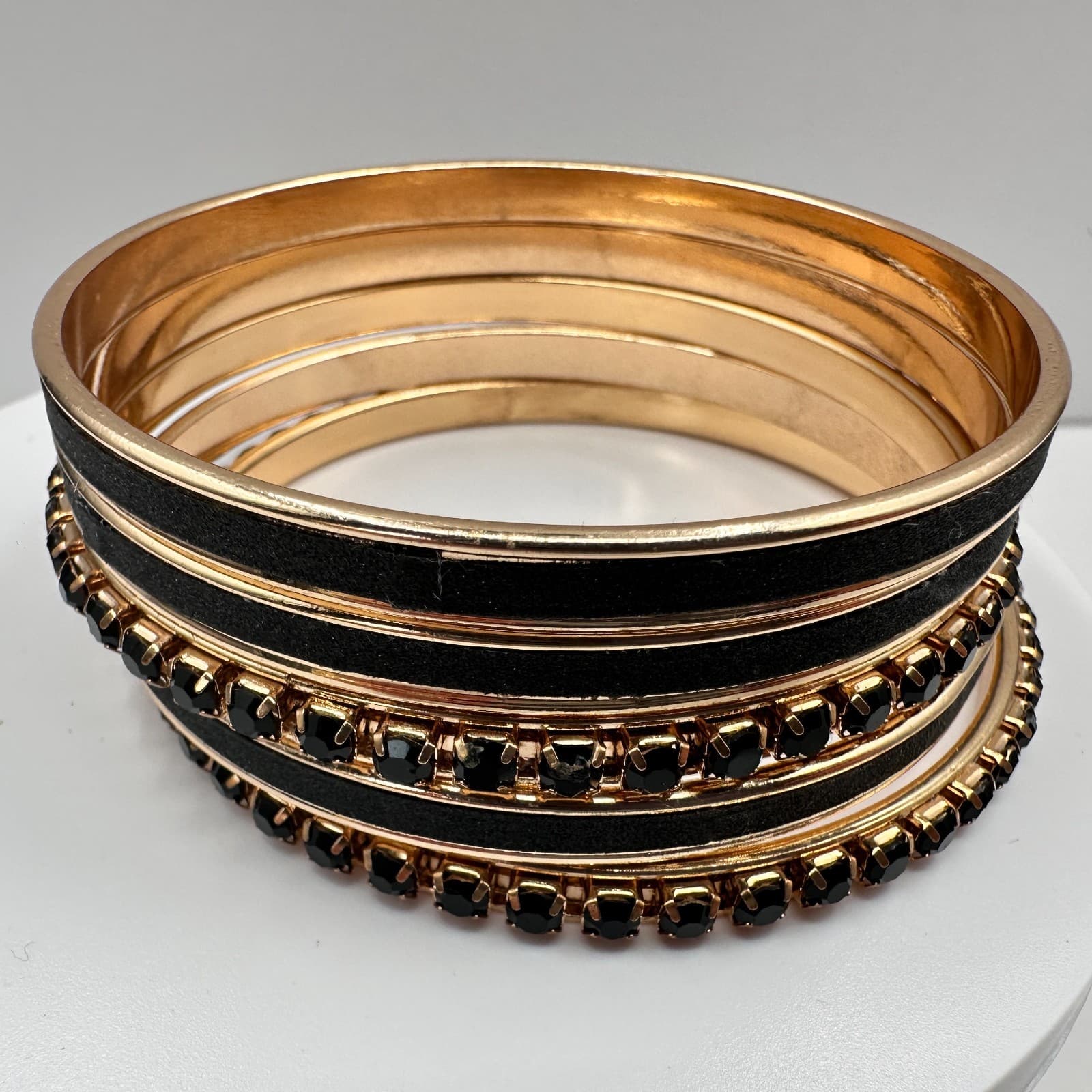 Vintage 90s Gold Tone Bracelet Set Black Velvet Rhinestone Women's Jewelry - Thumbnail 2