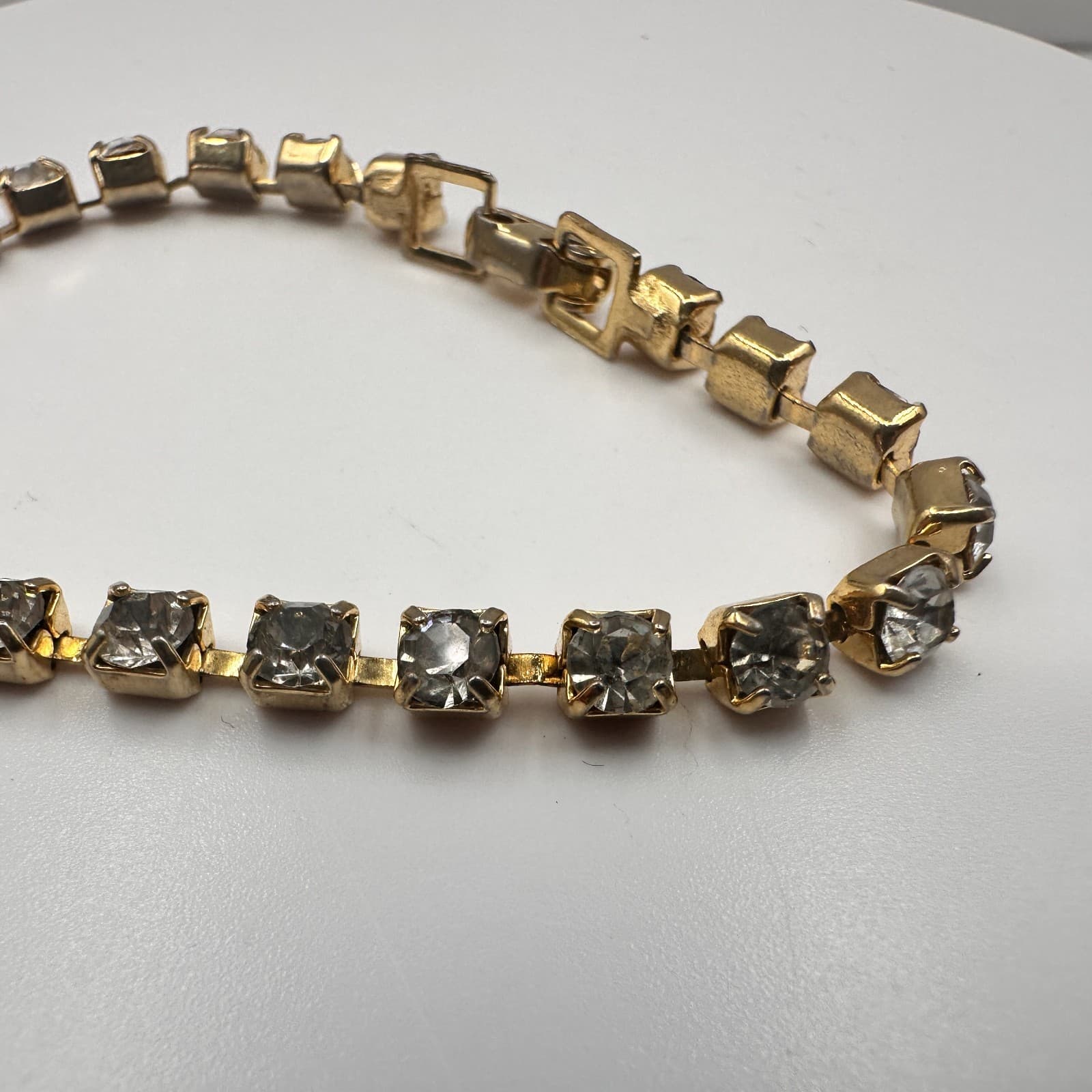 Vintage 80s Gold Tone Square Rhinestone Link Tennis Bracelet Classic Jewelry - Thumbnail 3