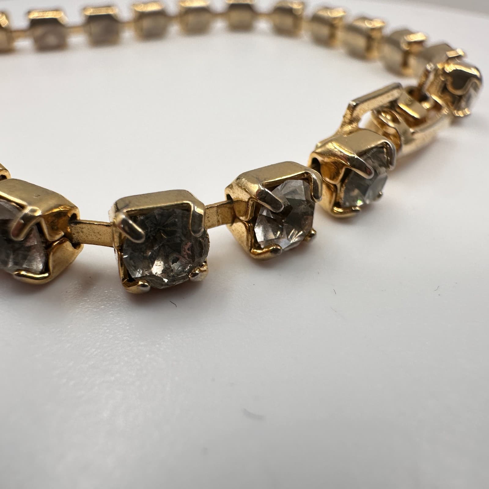Vintage 80s Gold Tone Square Rhinestone Link Tennis Bracelet Classic Jewelry - Thumbnail 6