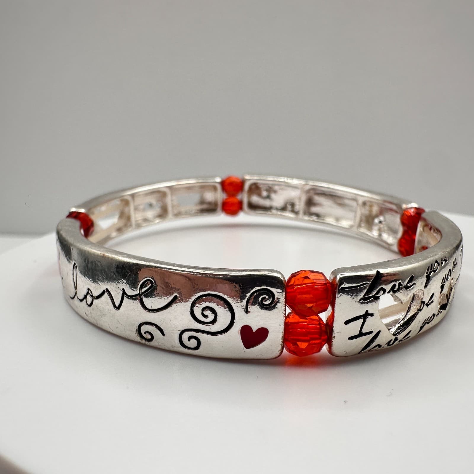 Vintage Y2K Silver Tone Love Heart Stretch Bracelet Red Crystal Beaded Jewelry - Thumbnail 4
