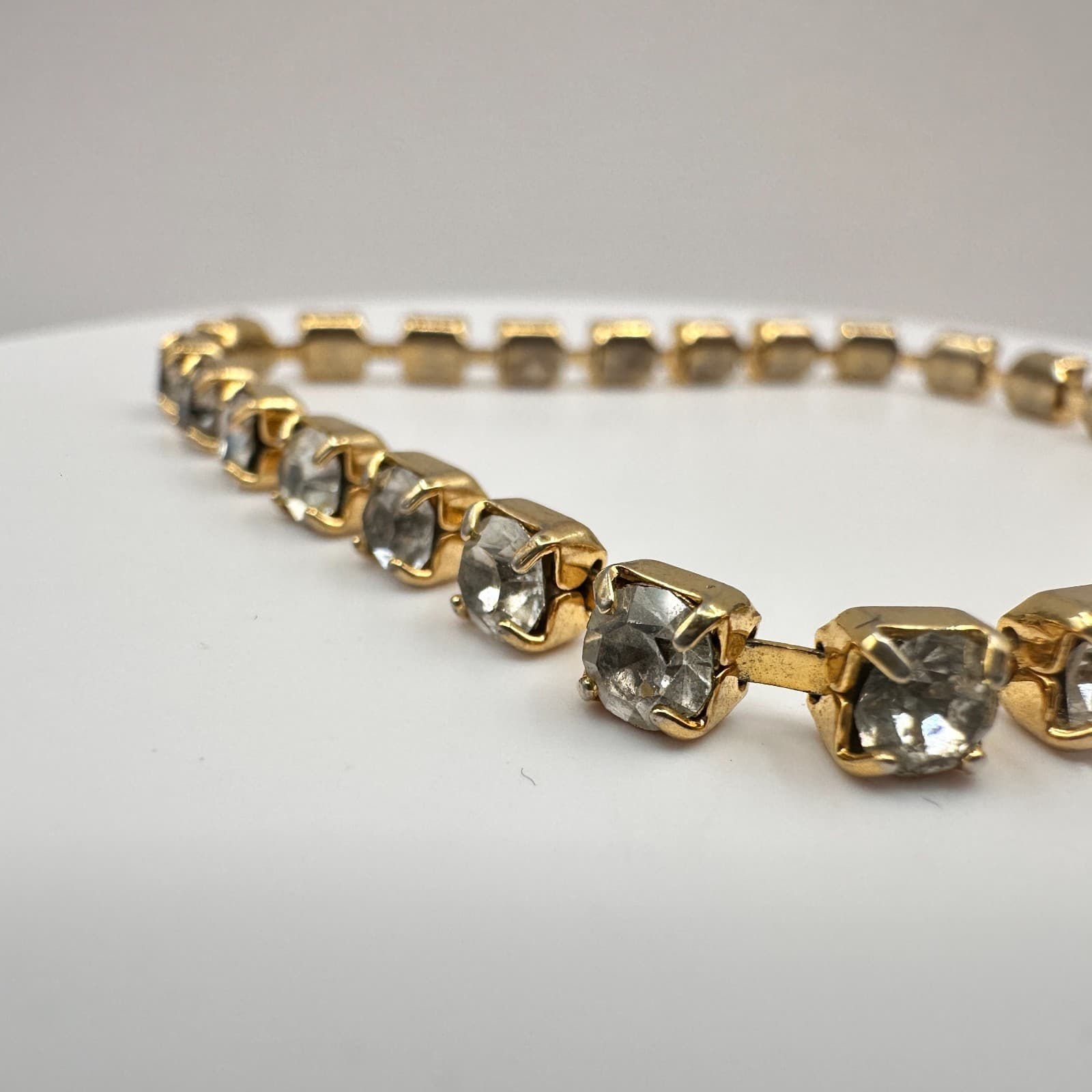 Vintage 80s Gold Tone Square Rhinestone Link Tennis Bracelet Classic Jewelry - Thumbnail 8