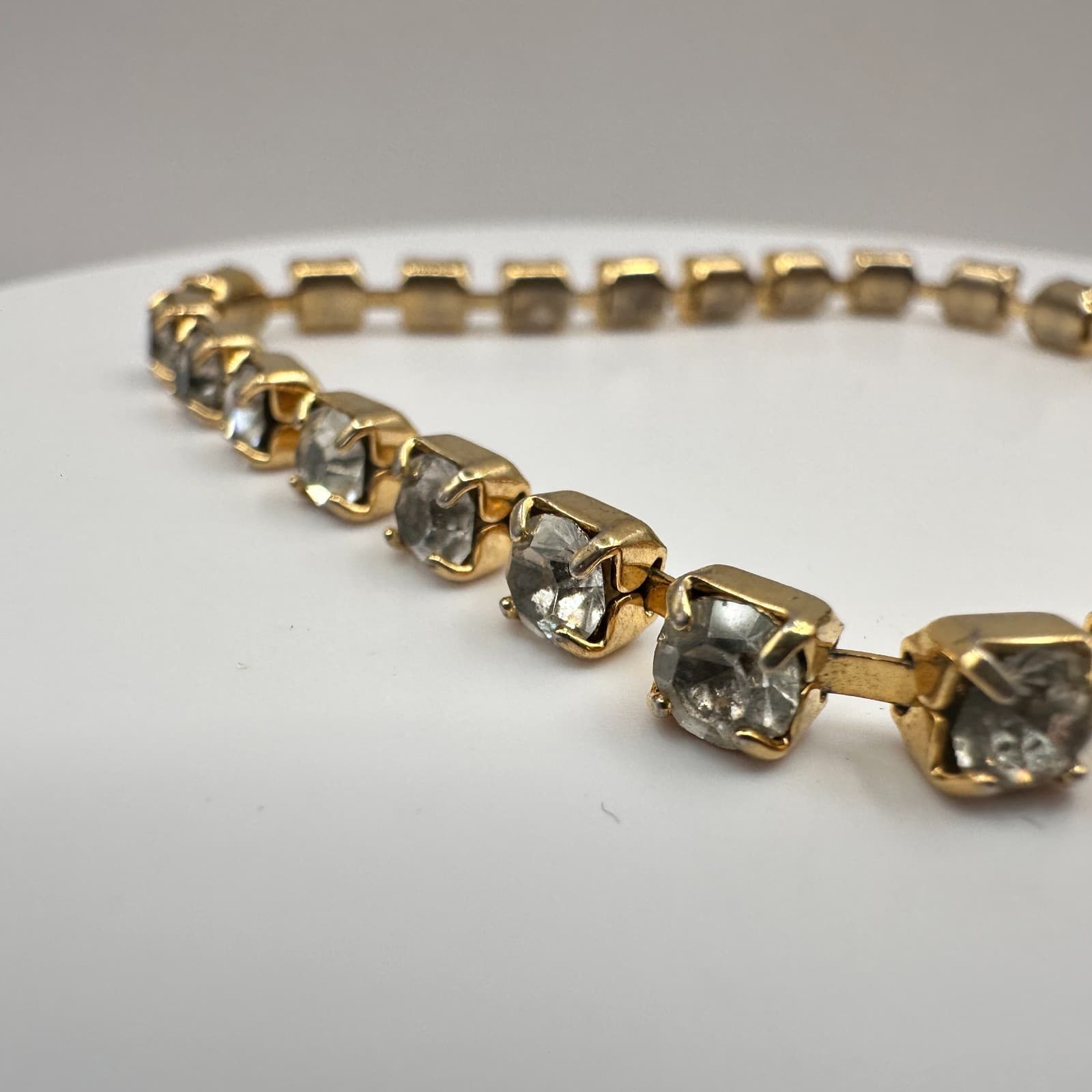 Vintage 80s Gold Tone Square Rhinestone Link Tennis Bracelet Classic Jewelry - Thumbnail 9