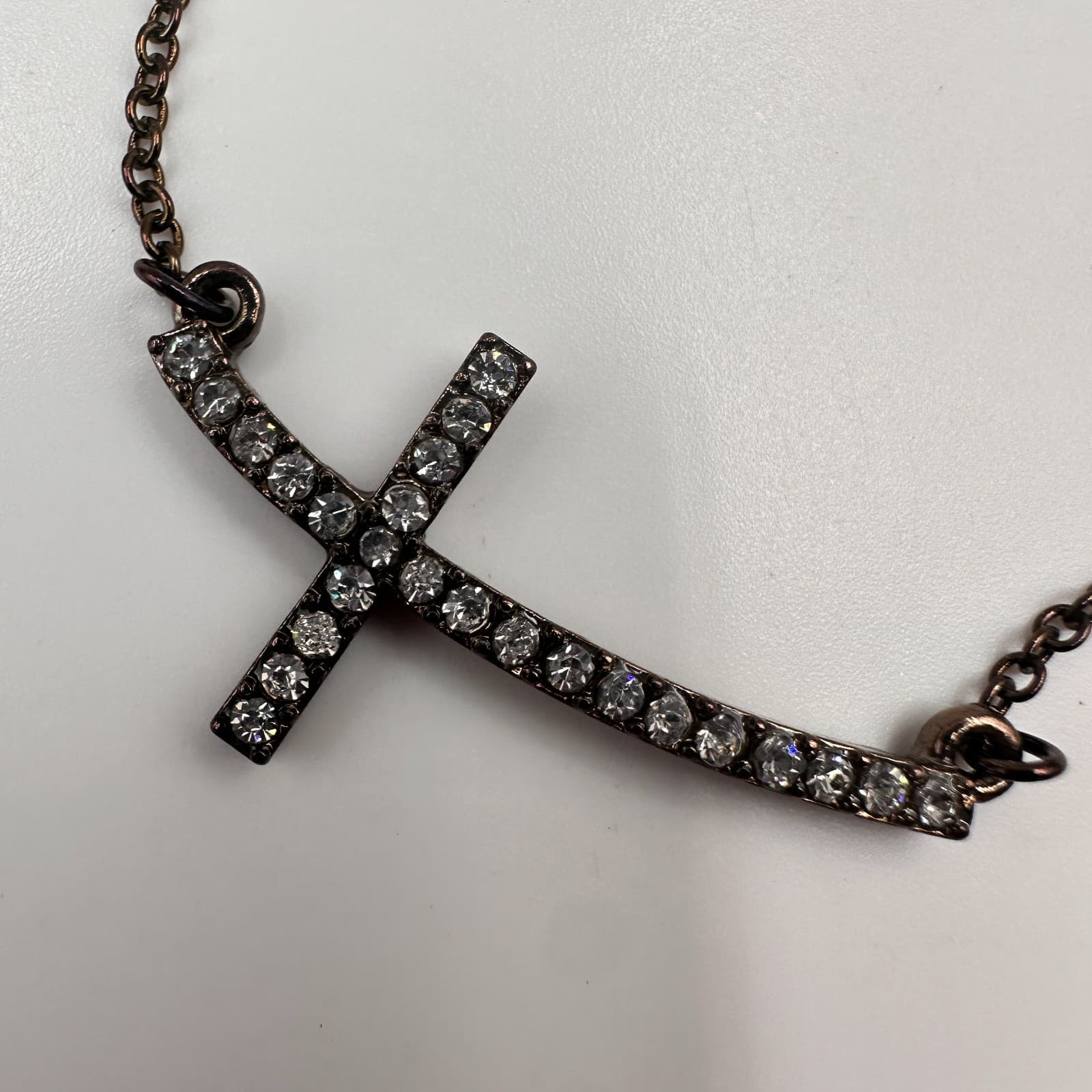 Vintage 80s Gunmetal Sideways Cross Bracelet Rhinestone Fashion Jewelry - Thumbnail 2