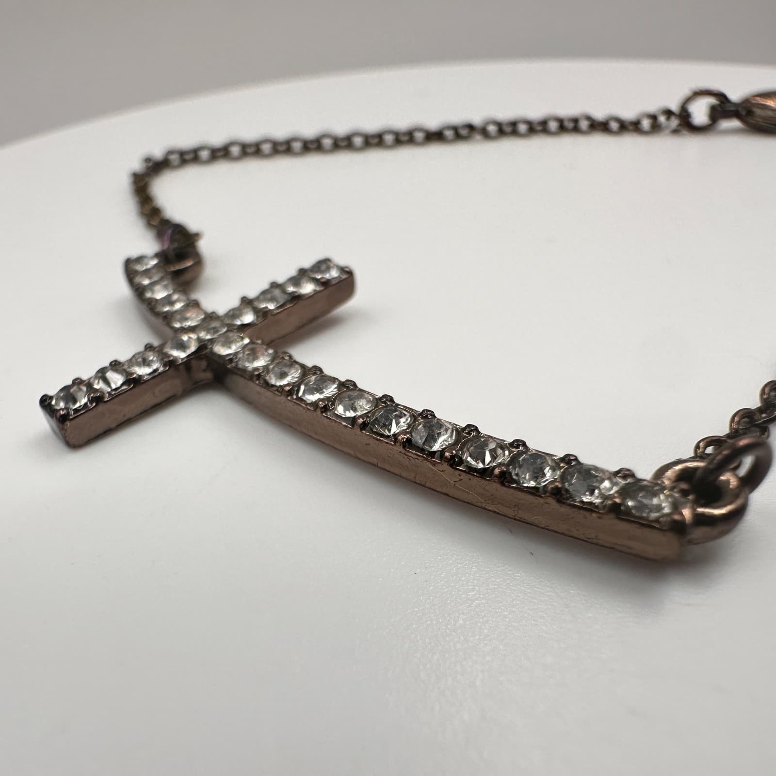 Vintage 80s Gunmetal Sideways Cross Bracelet Rhinestone Fashion Jewelry - Thumbnail 4