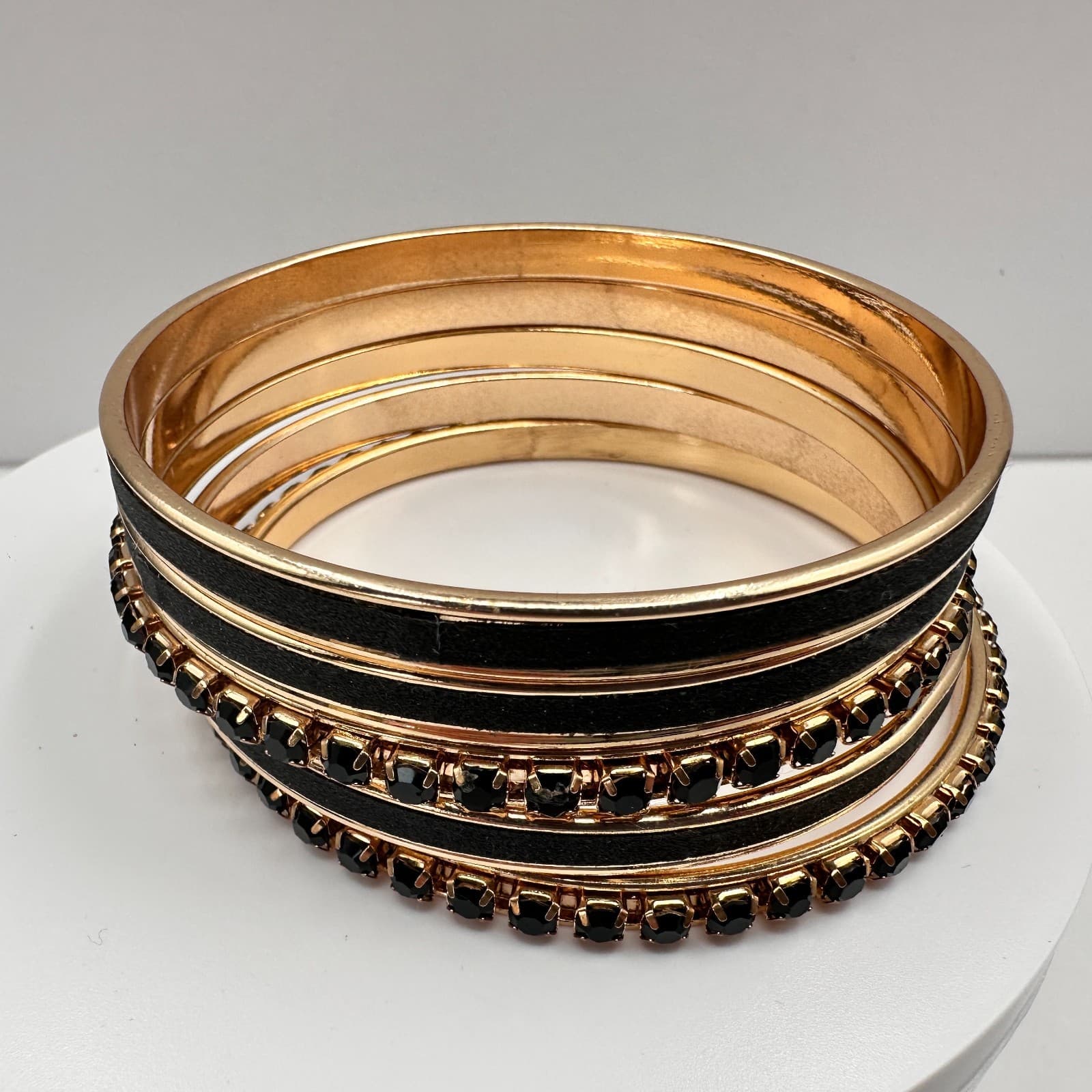 Vintage 90s Gold Tone Bracelet Set Black Velvet Rhinestone Women's Jewelry - Thumbnail 5