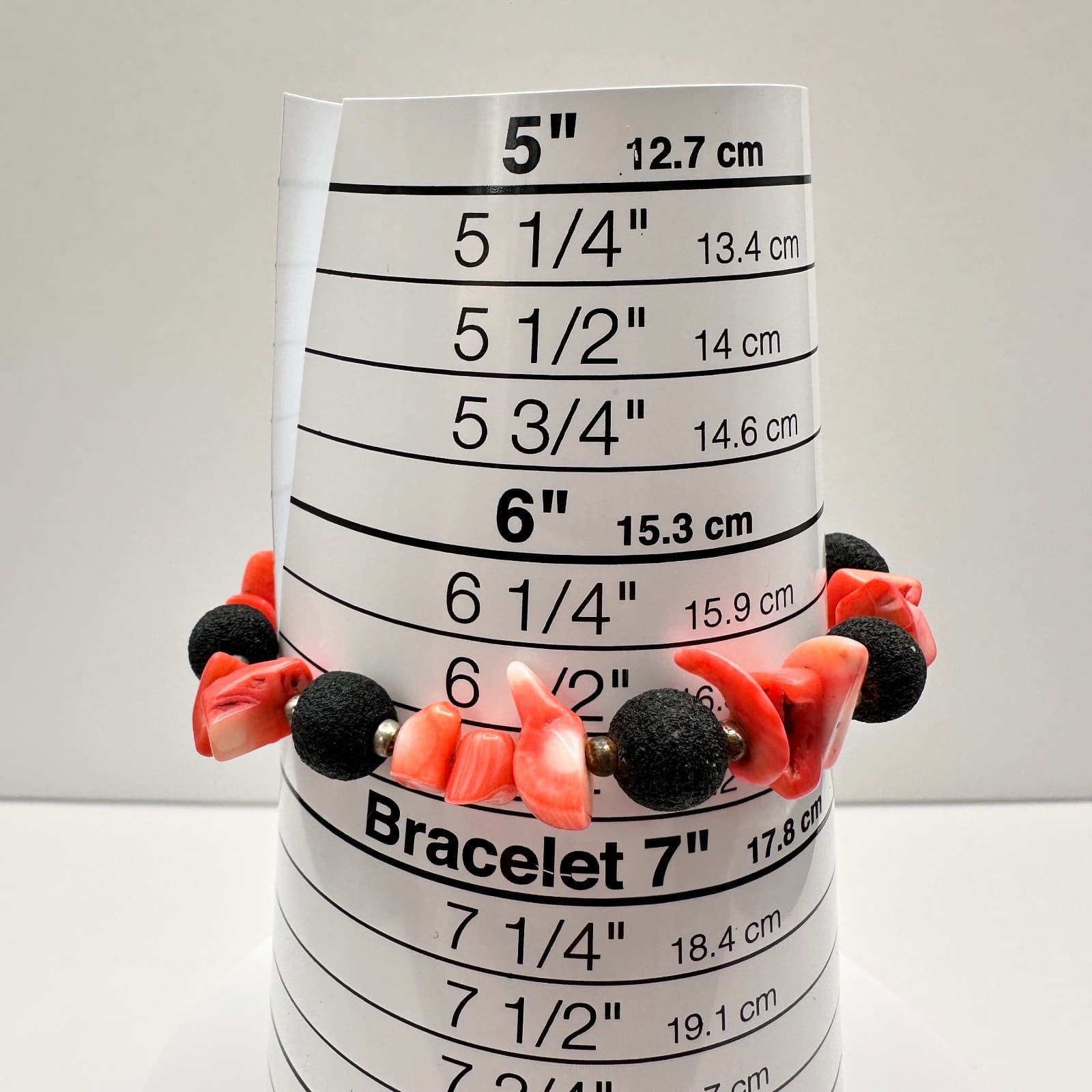 Vintage 90s Pink Coral & Black Lava Rock Beaded Stretch Bracelet Boho Statement - Thumbnail 7