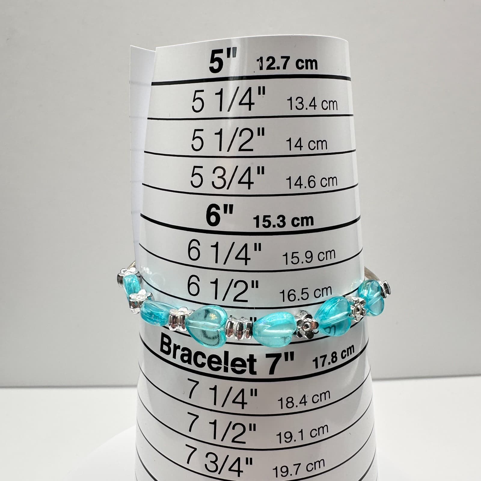 Vintage Y2K Aqua Blue Glass Heart Beaded Bracelet Flower Silver Tone Jewelry - Thumbnail 7