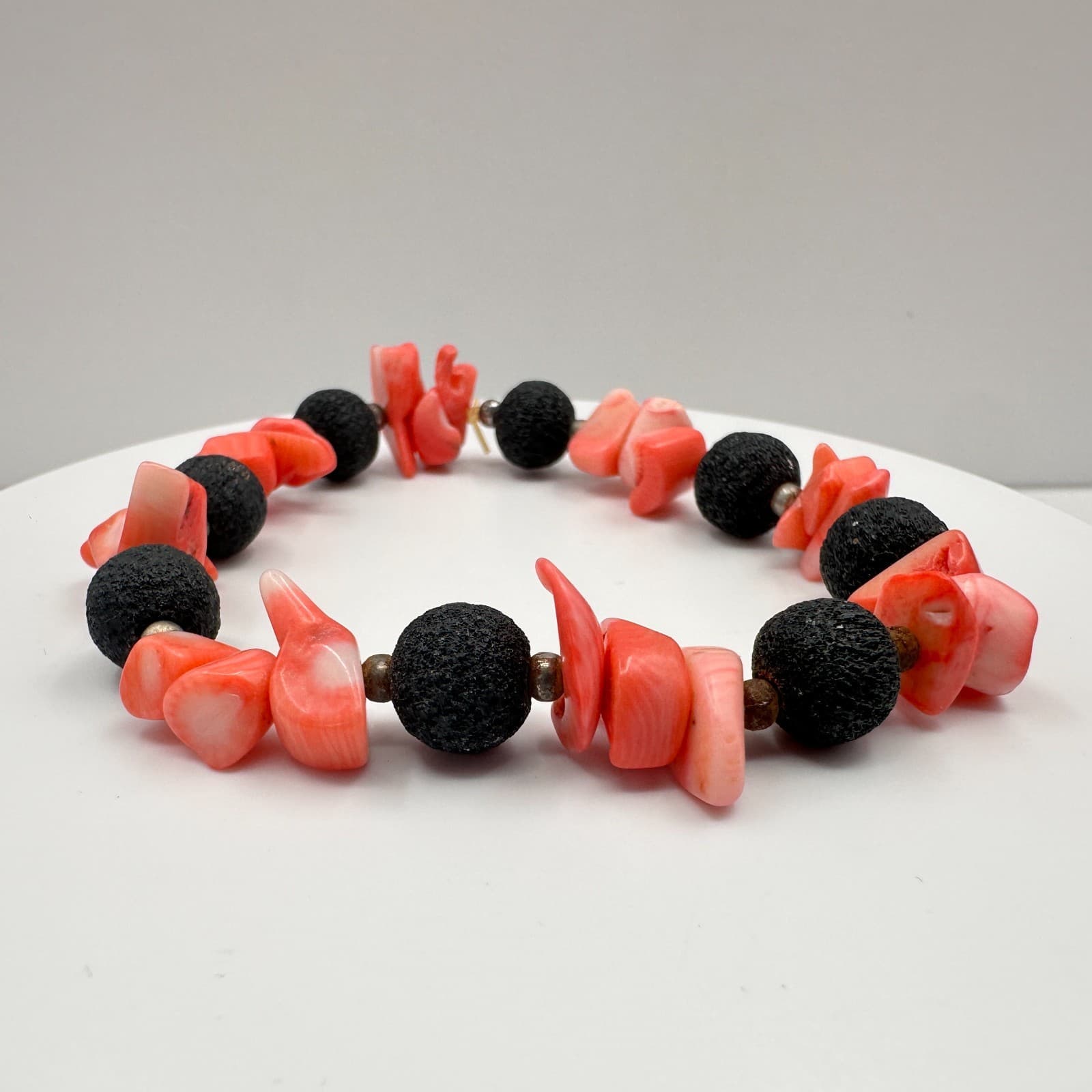 Vintage 90s Pink Coral & Black Lava Rock Beaded Stretch Bracelet Boho Statement - Image 1