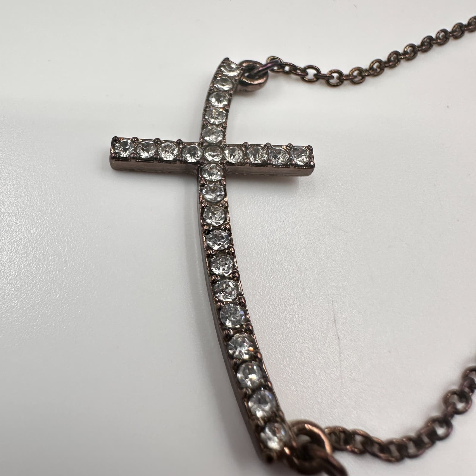 Vintage 80s Gunmetal Sideways Cross Bracelet Rhinestone Fashion Jewelry - Thumbnail 3