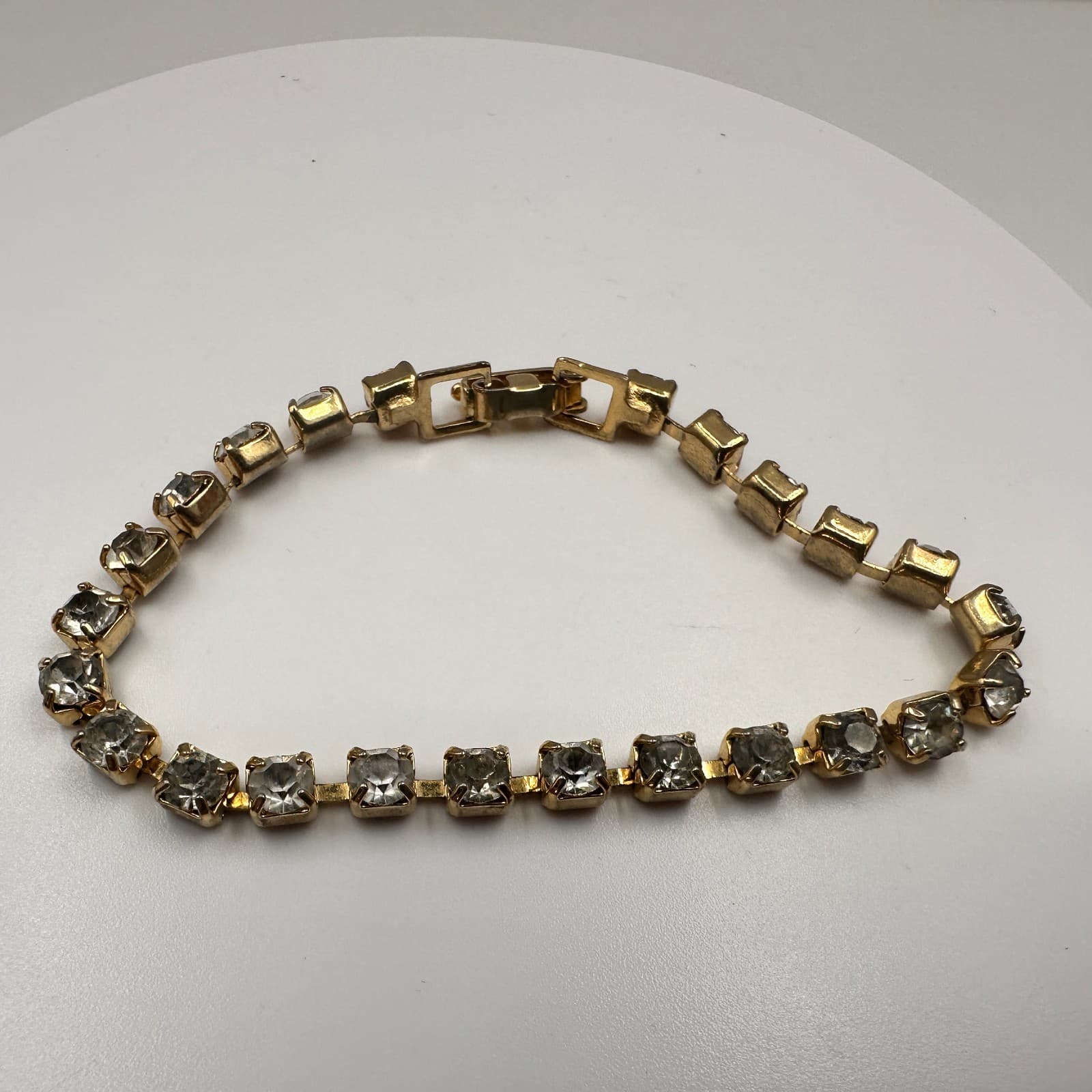 Vintage 80s Gold Tone Square Rhinestone Link Tennis Bracelet Classic Jewelry - Thumbnail 2