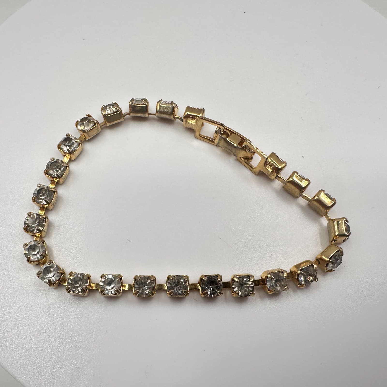 Vintage 80s Gold Tone Square Rhinestone Link Tennis Bracelet Classic Jewelry - Thumbnail 4