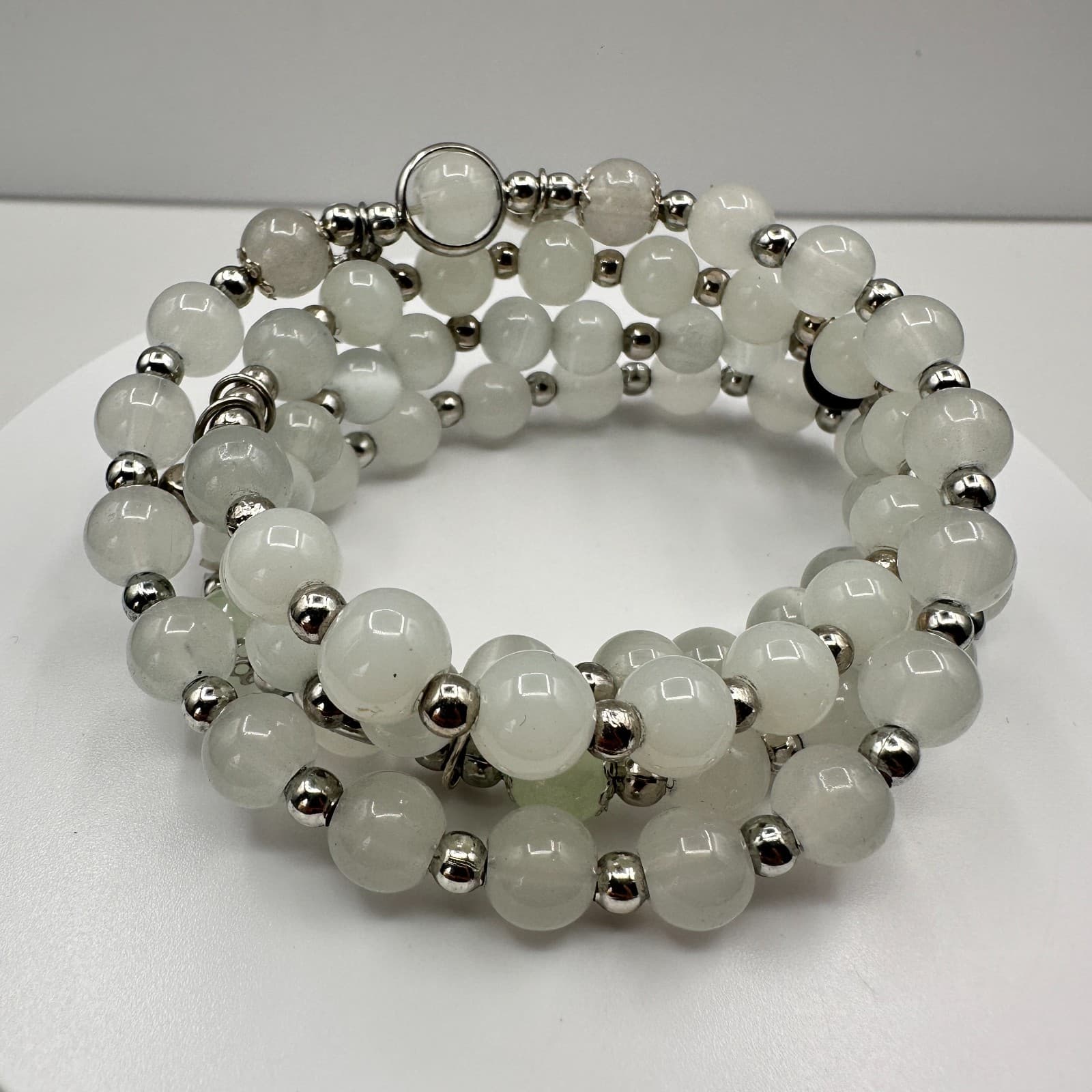 Vintage 90s White Quartz Beaded Wrap Bracelet Silver Tone Boho Statement Jewelry - Image 1