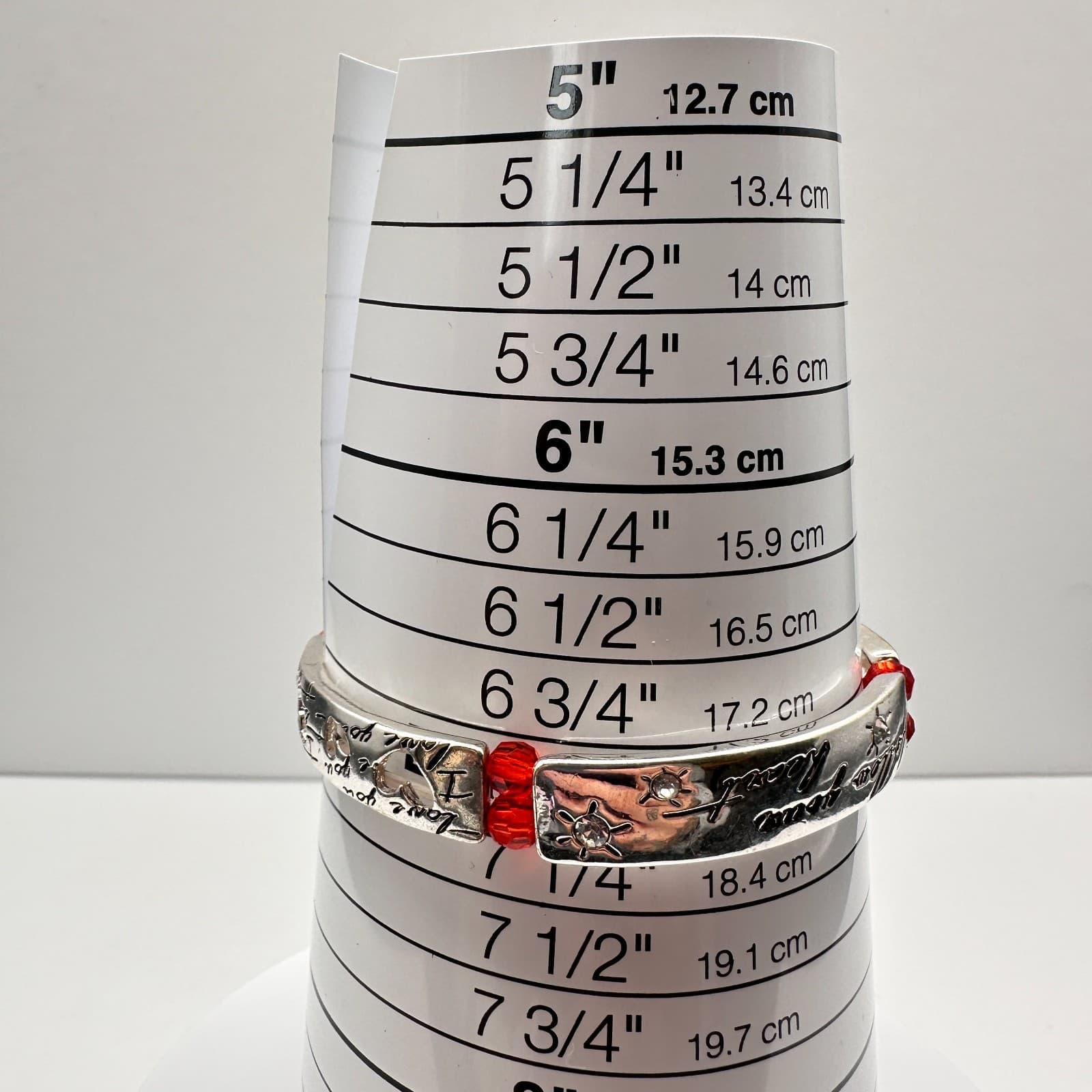 Vintage Y2K Silver Tone Love Heart Stretch Bracelet Red Crystal Beaded Jewelry - Thumbnail 6