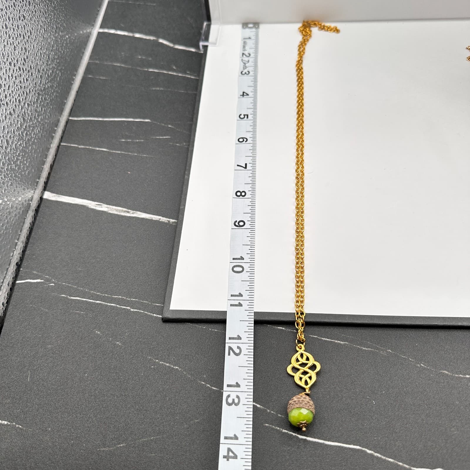 Vintage 90s Acorn Pendant Necklace Gold Tone Celtic Knot Green Beaded Nature - Thumbnail 7