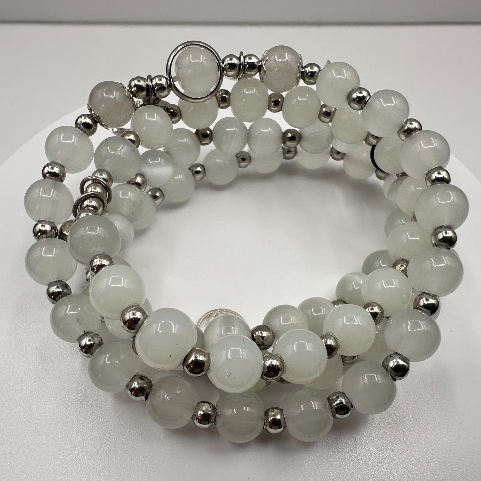 Vintage 90s White Quartz Beaded Wrap Bracelet Silver Tone Boho Statement Jewelry - Thumbnail 6