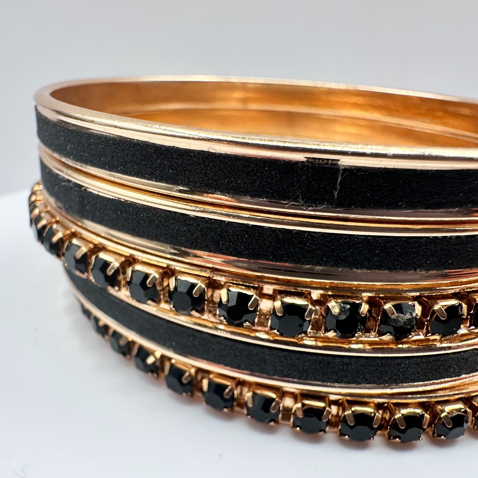 Vintage 90s Gold Tone Bracelet Set Black Velvet Rhinestone Women's Jewelry - Thumbnail 3