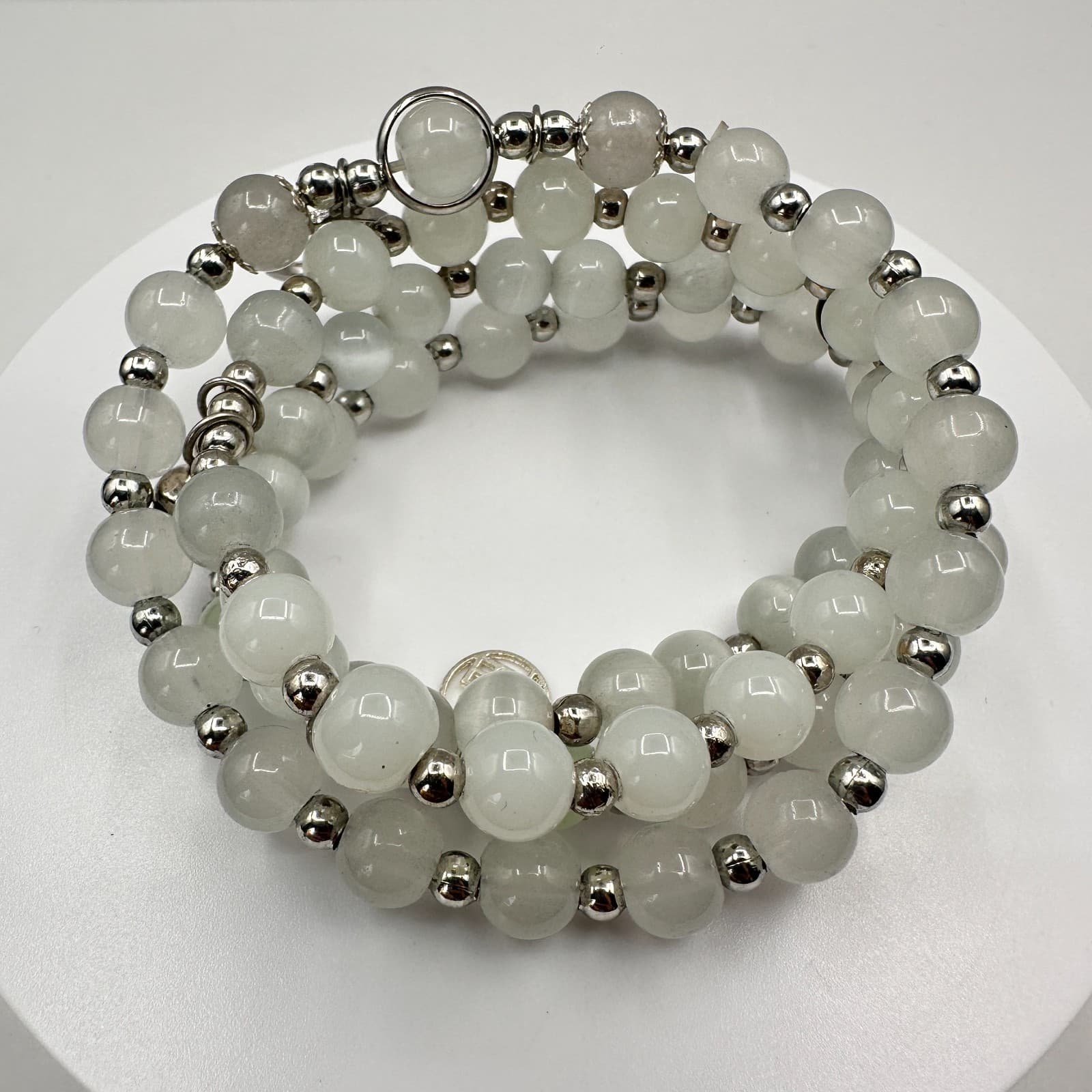 Vintage 90s White Quartz Beaded Wrap Bracelet Silver Tone Boho Statement Jewelry - Thumbnail 2
